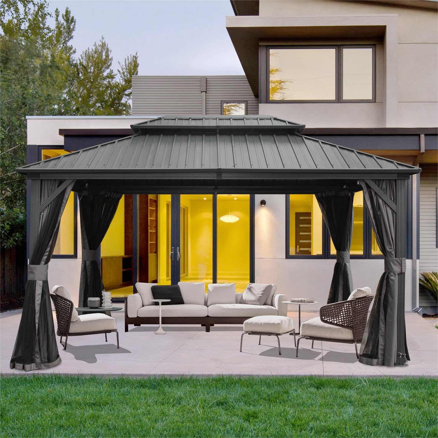 Domi Hardtop Gazebo 10x12FT, Aluminum Outdoor Gazebo with Galvanized Steel Double Roof Canopy, Curtains and Netting Included, Metal Gazebo Permanent Pavilion for Patio, Lawn, Garden, Gray