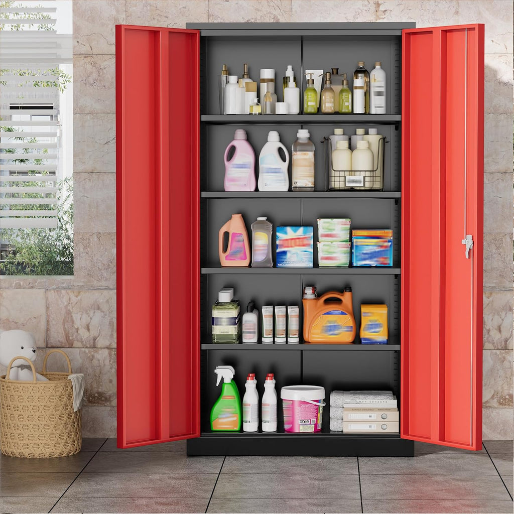 Greenvelly Metal Garage Storage Cabinet, 72' Black Red Tool Steel Locking Cabinet with Doors and 4 Shelves, Tall Cabinets for Garage Storage Systems Lockable File Cabinet for Home Office,Garage