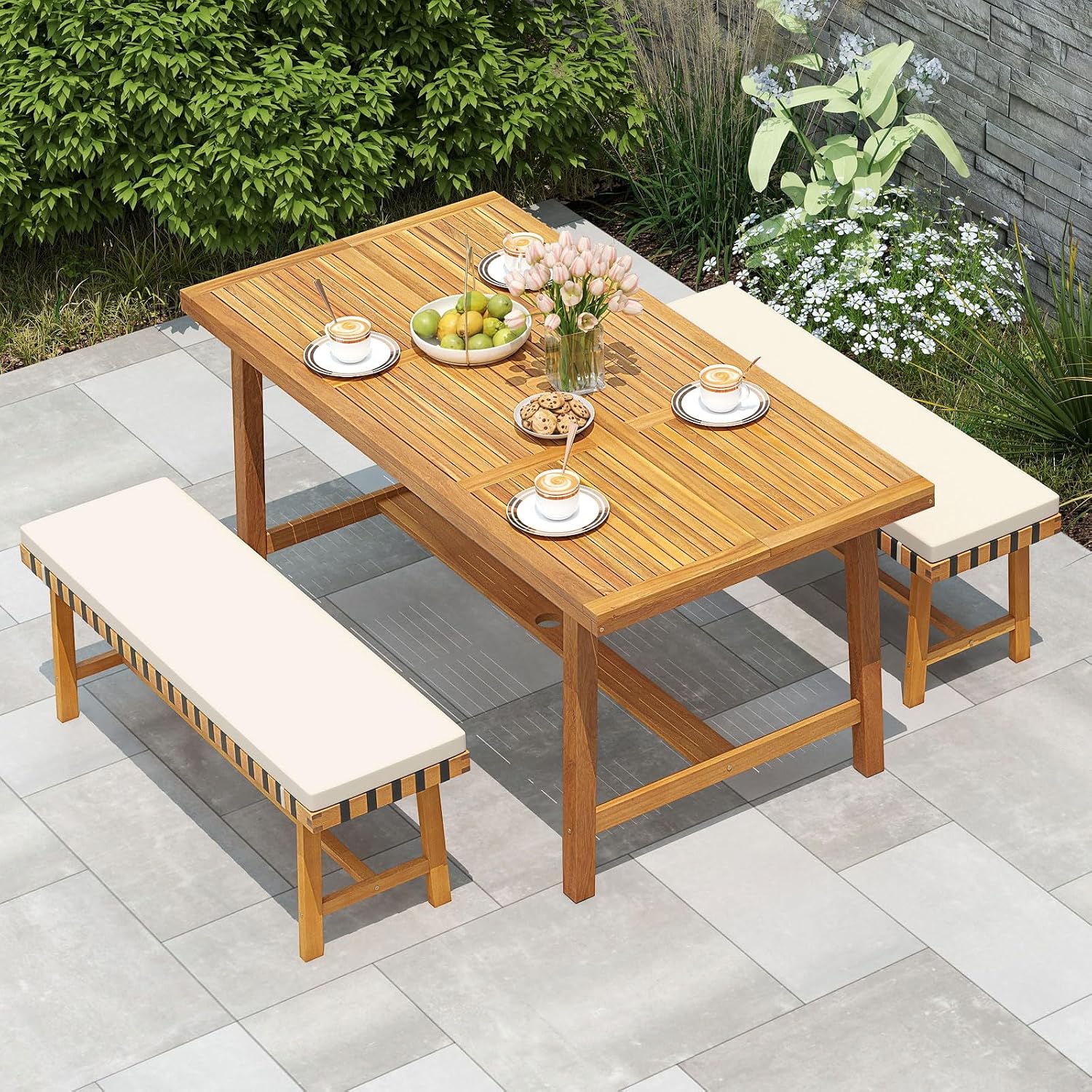 Tangkula 3 Piece Patio Dining Set for 4 People, 63' Outdoor Acacia Wood Rectangular Table with 1.97' Umbrealla Hole & 2 Cushioned Bench, for Deck Yard and Poolside
