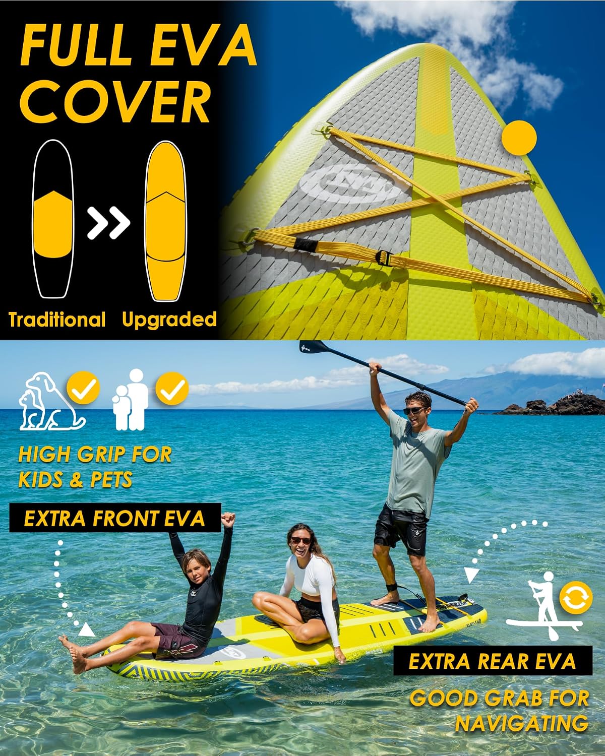 MOUSA 10'8/11'×35' Extra Wide Inflatable Stand Up Paddle Board, Stable Paddleboard SUP for 2 People/Family, Anti-Slip Full EVA Deck, 3 Handles, 100L Backpack, All-Round Sup Board, Big Fin