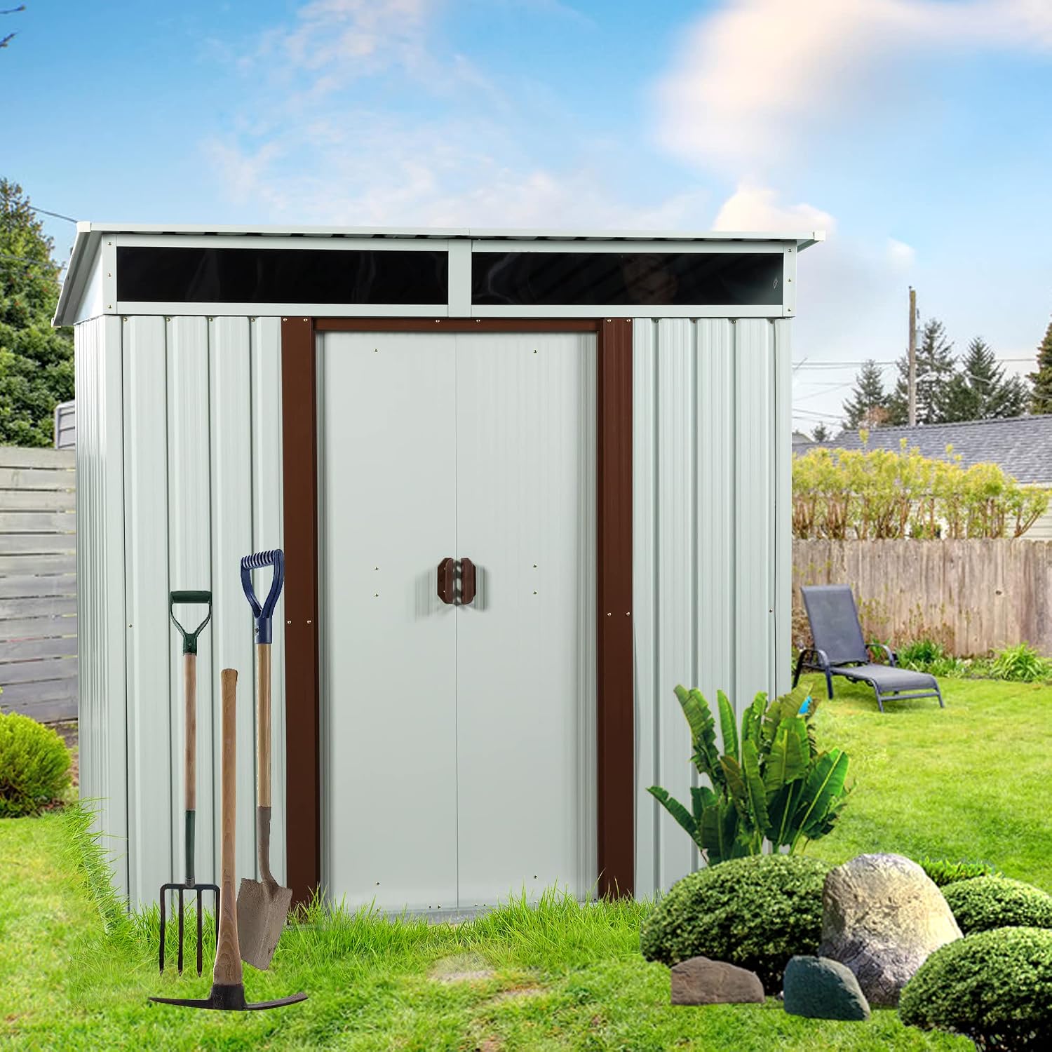 6x5 FT Outdoor Metal Storage Shed with Lockable Sliding Doors, Transparent Panels and Metal Foundation All-Weather Tool Shed for Garden, Lawn, Patio, and Backyard, White