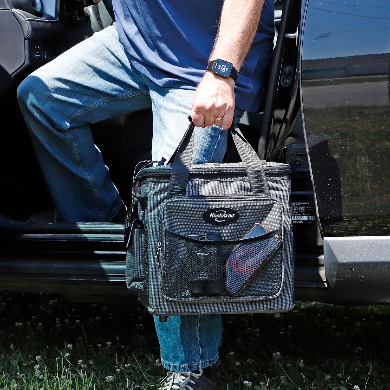 Koolatron Electric Portable Cooler Plug in 12V Car Cooler Bag, 14 qt (13 L) Black/Gray Soft-Sided No Ice Thermo Electric Portable Fridge for Camping, Adjustable Shoulder StrapTravel Road Trips.