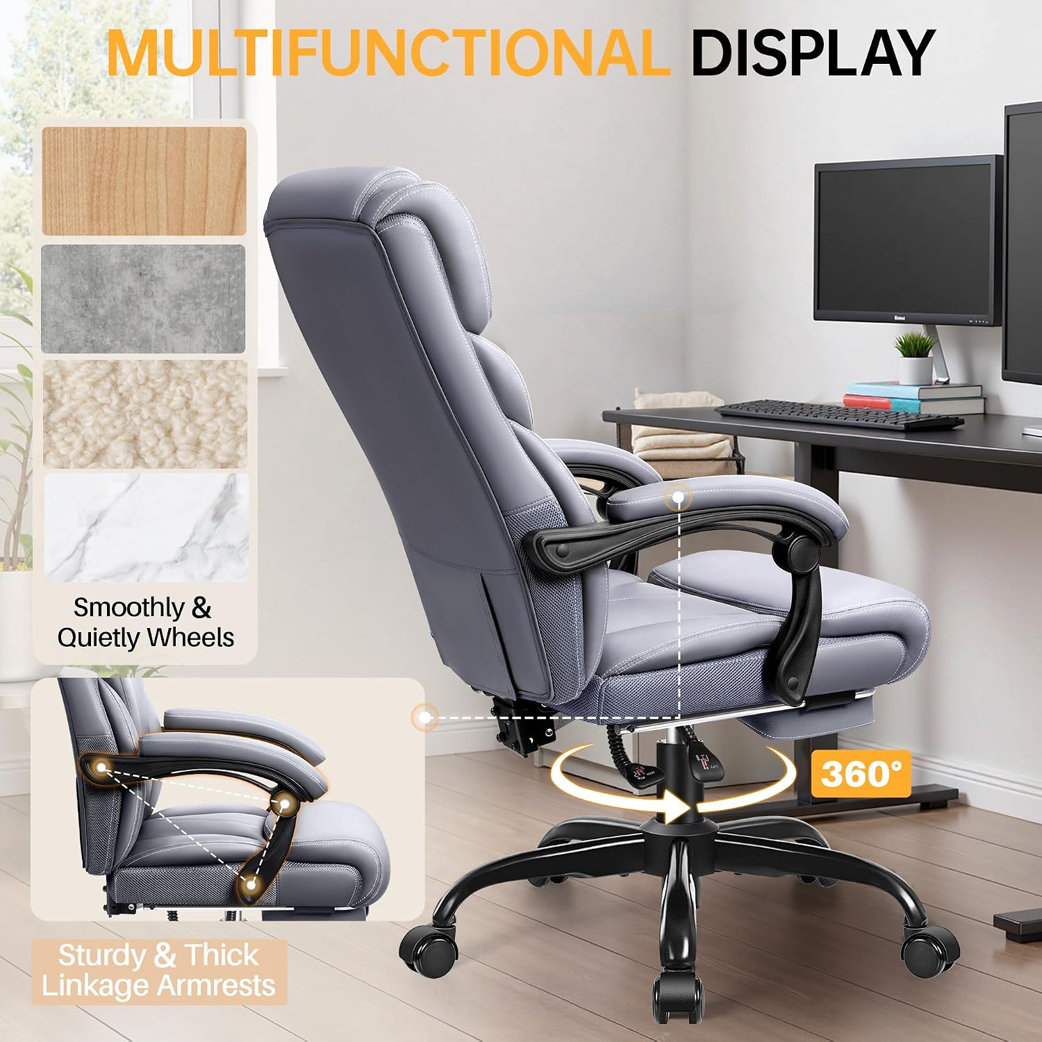 HeroSet Big and Tall Office Chair with Foot Rest, 400lbs Ergonomic Reclining High Back Executive Leather Chair, Lumbar Support Swivel Computer Desk Chairs for Heavy People Home Office Gaming(Gray)