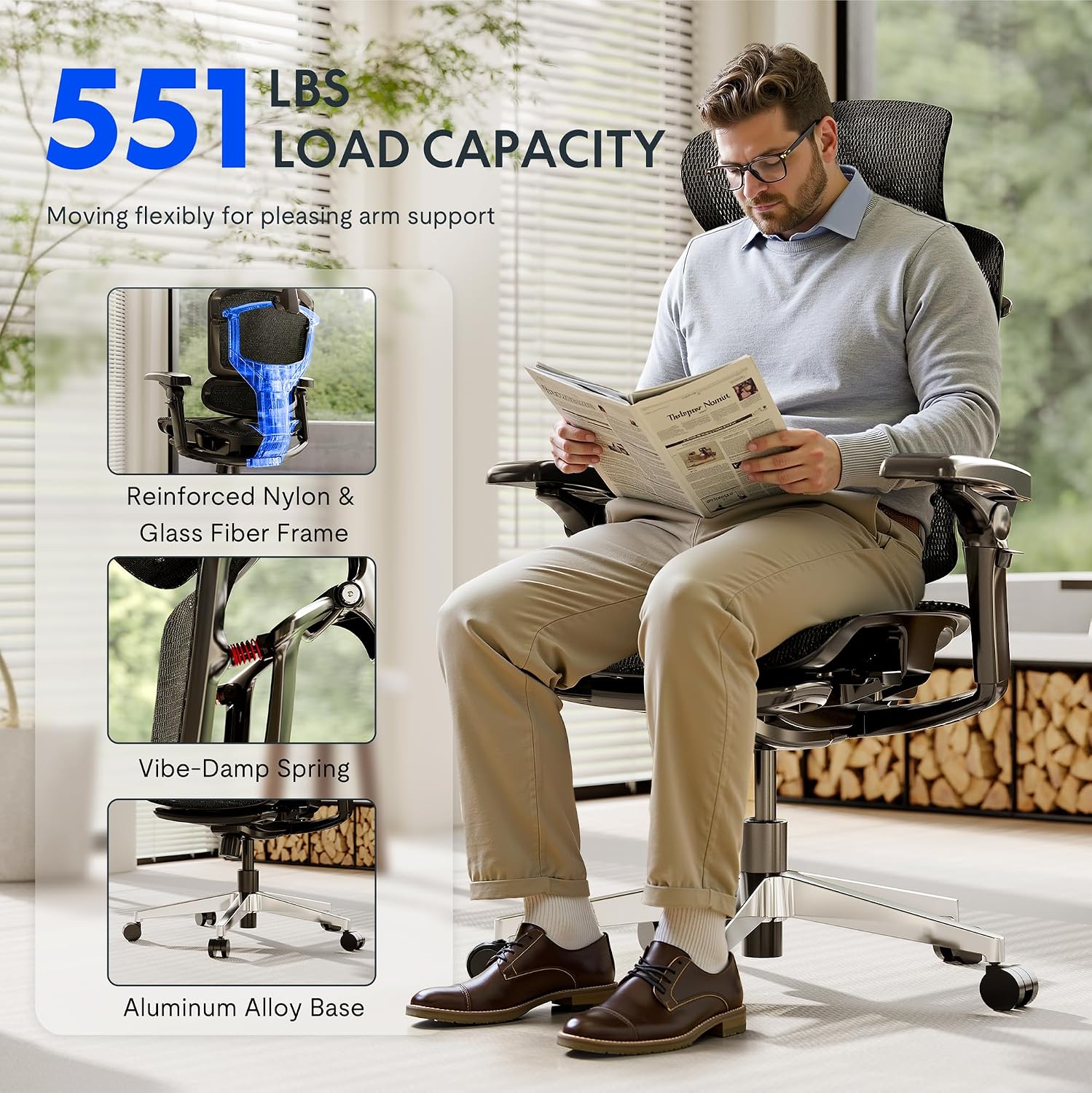FLEXISPOT ErgoX-PRO Ergonomic Office Chair with Footrest Black – AeroWeave 5.0 Mesh Seat, 5D Lumbar, 7D Armrests, 4D Headrest, 551LBS Capacity – Office, Gaming, Home