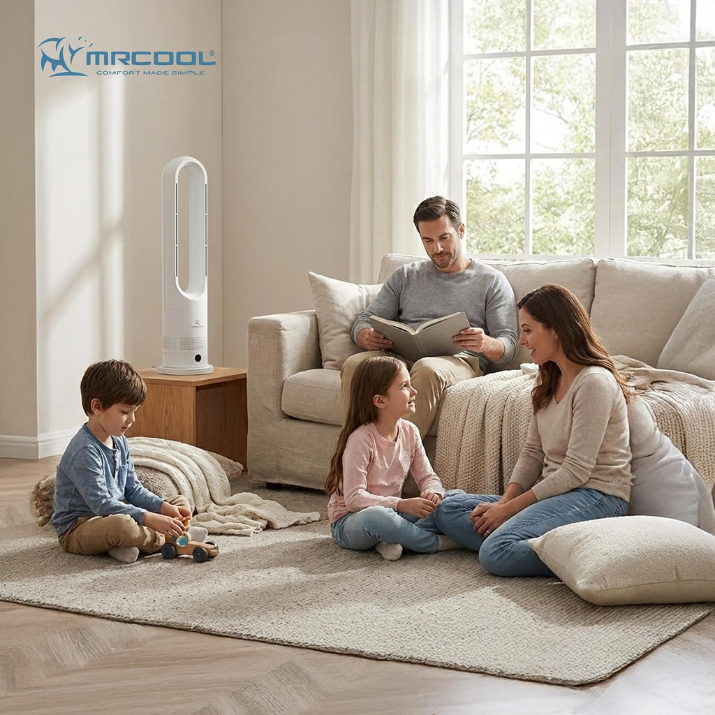 MRCOOL MrBreeze 4K BTU Bladeless Heating & Cooling Tower Fan, Quiet Portable Electric Indoor Heater with Oscillation and Remote Control, White
