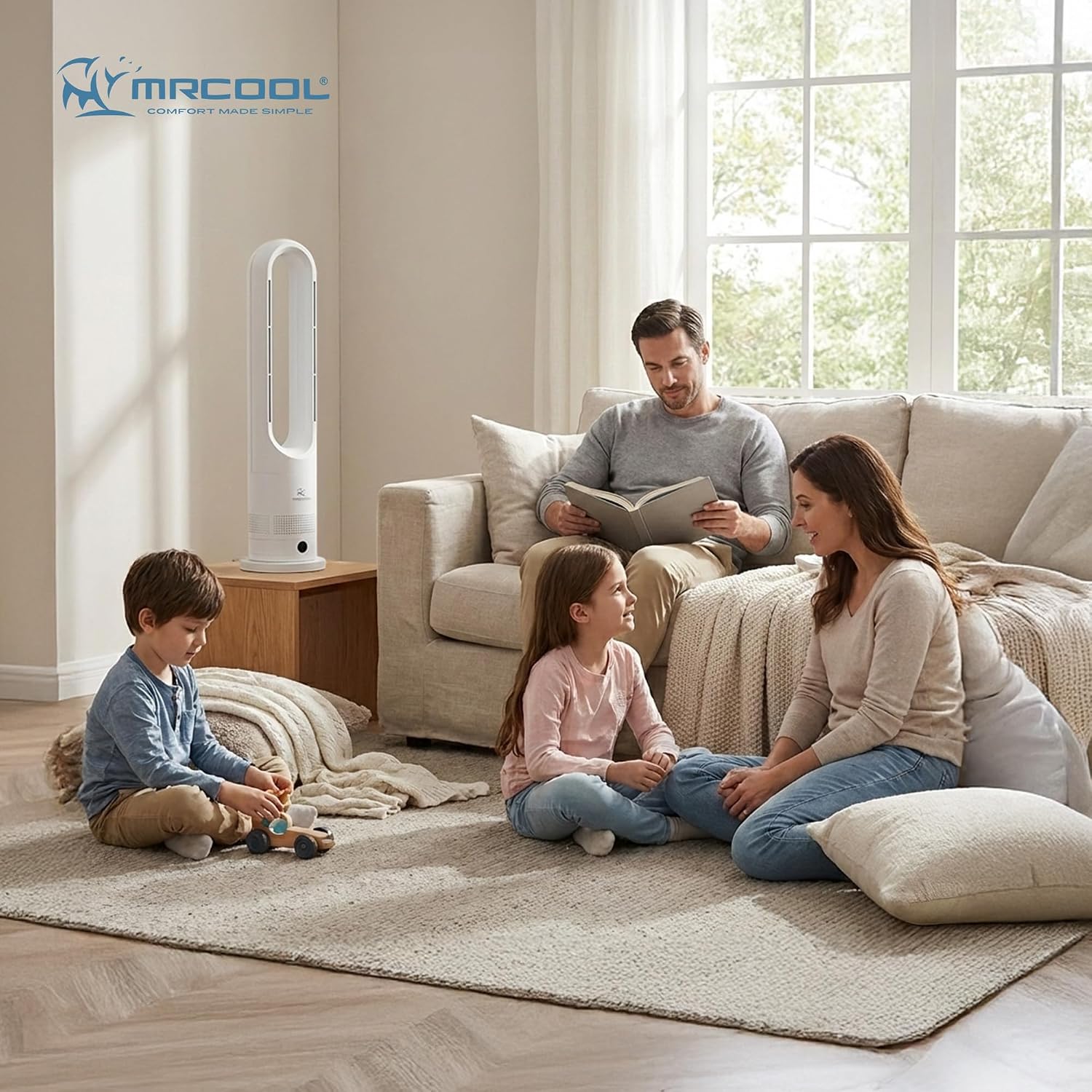 MRCOOL MrBreeze 4K BTU Bladeless Heating & Cooling Tower Fan, Quiet Portable Electric Indoor Heater with Oscillation and Remote Control, White