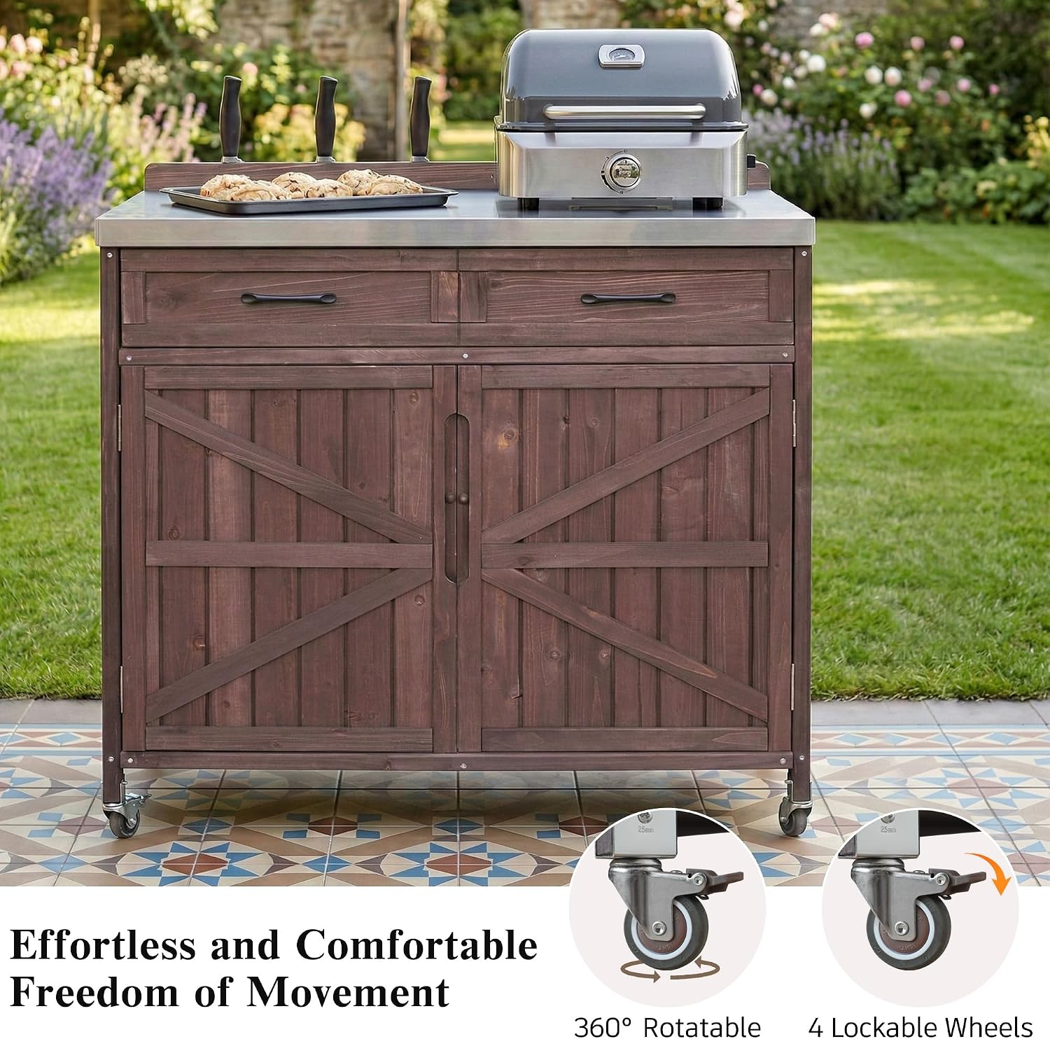 LUMISOL Outdoor Grill Cart with Stainless Steel Top, Outdoor Rolling Kitchen Island with Drawer & Adjustable Shelves, 39.4' Farmhouse Kitchen Cart with Internal Storage Racks & 4 Wheels, Dark Brown