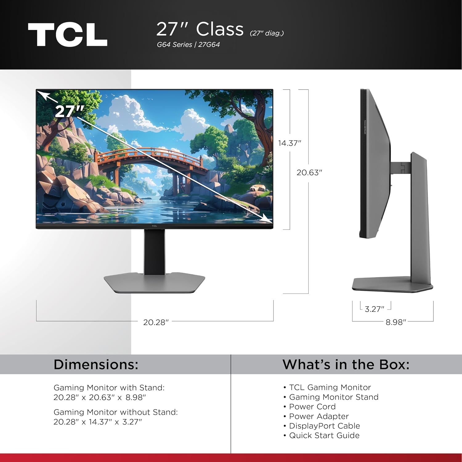 TCL 27' G64 Series QHD HDR QD-Mini LED Gaming Monitor (27G64, 2025 Model) Halo Control System, 180Hz Refresh Rate, LD180 Precise Dimming Series, HDR600 Brightness, 1ms, AMD FreeSync, NVIDIA G-SYNC