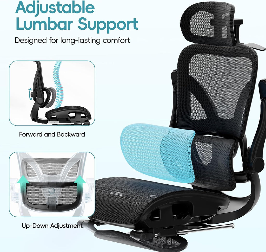 Alllion Ergonomic Mesh Office Chair, Home Desk Chair Comfy High Back with Adjustable Lumbar Support, 3D Headrest, Flip-up Arms, Big and Tall Reclining Computer Gaming Chairs for Men Women, Black