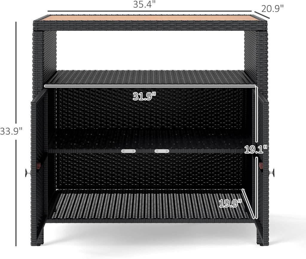 Outsunny Wicker Outdoor Storage Cabinet, Rattan Bar Table with Acacia Wood Countertop, 2 Doors and Shelf, Buffet Cabinet Sideboard for Poolside, Garden, Patio, Backyard, Black