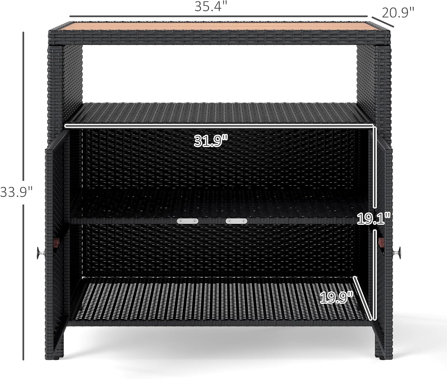 Outsunny Wicker Outdoor Storage Cabinet, Rattan Bar Table with Acacia Wood Countertop, 2 Doors and Shelf, Buffet Cabinet Sideboard for Poolside, Garden, Patio, Backyard, Black