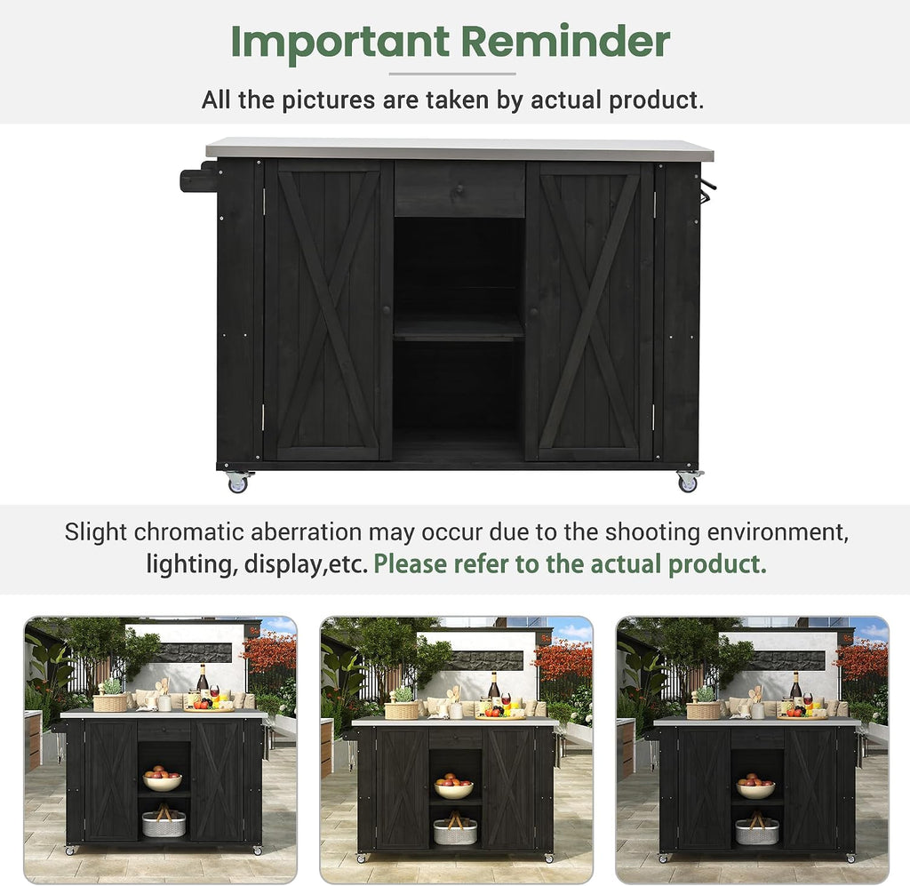 Merax XL Outdoor Table with Stainless Steel Top for Kitchen Prep and Storage Cabinet for Grilling Accessories, Outdoor Kitchen Island Grill Cart with Towel and Spice Racks & a Bottle Opener, Black