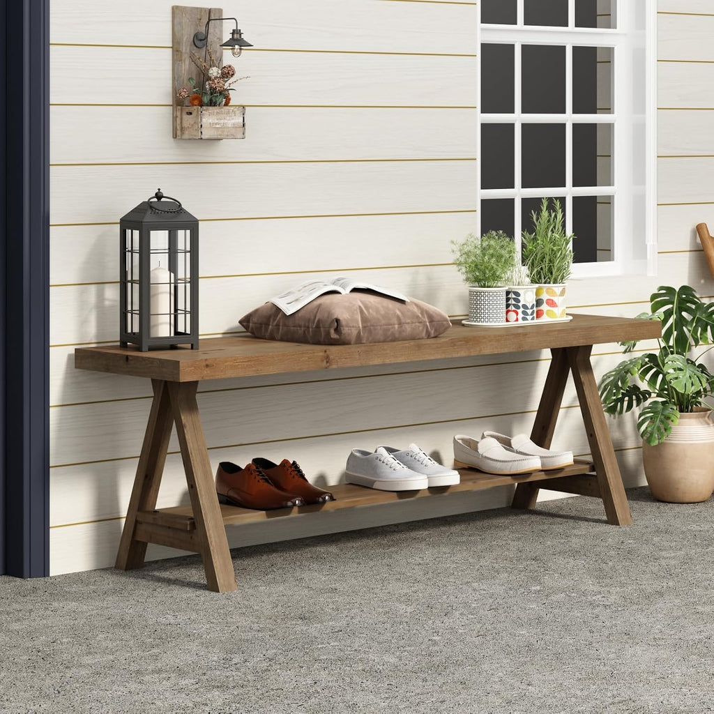 RowyPoey 54' Solid Wood Bench, Long Farmhouse Entryway Bench with Storage Shelf, Triangular Leg Design, Narrow Rustic Benches for Hallway, Bedroom, Dining, Kitchen, Easy Assembly