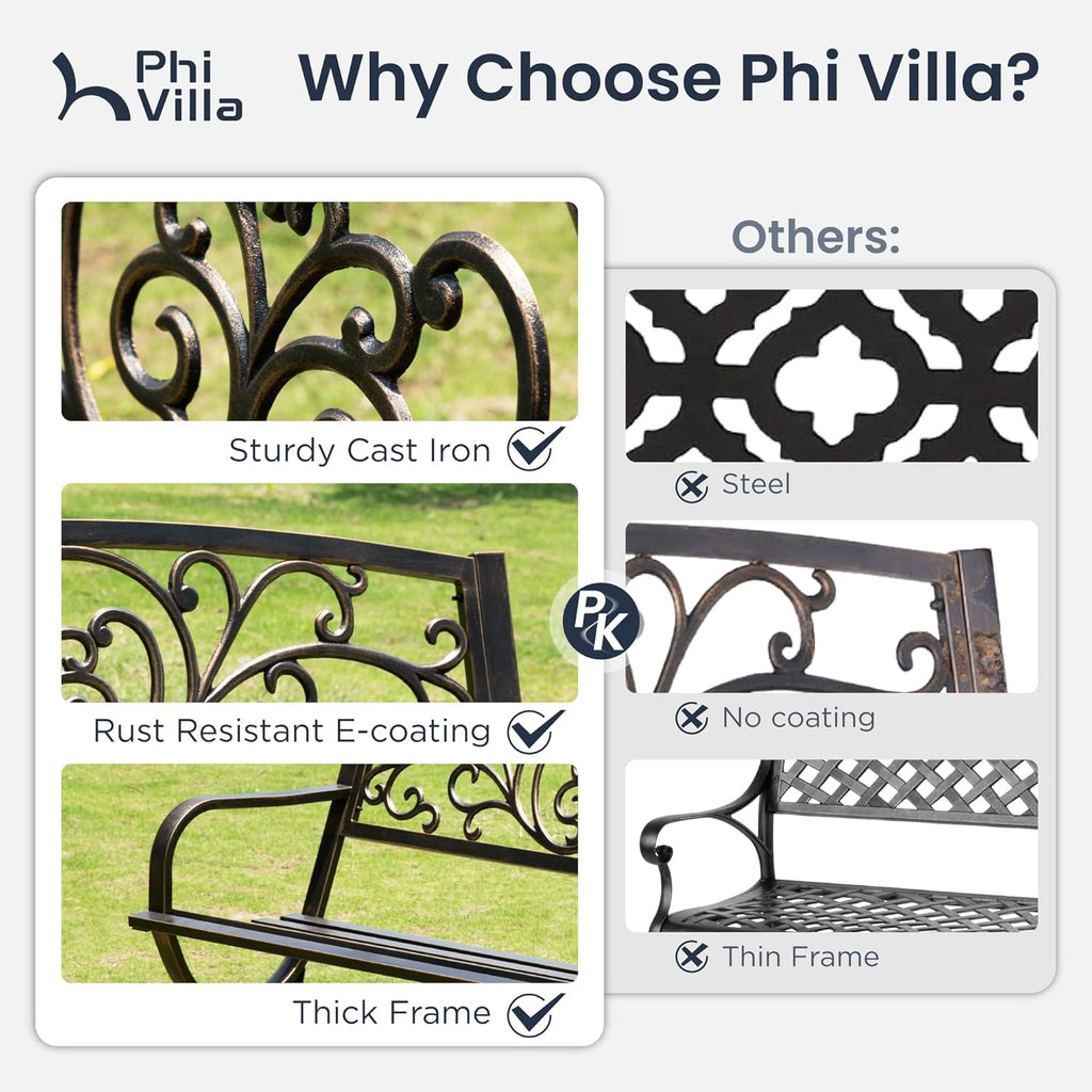 PHI VILLA 50Inch Cast Iron Steel Frame Garden Bench Patio Furniture Chair Outdoor Bench w/Floral Design Backrest, Slatted Seat for Park, Yard & Porch, Bronze