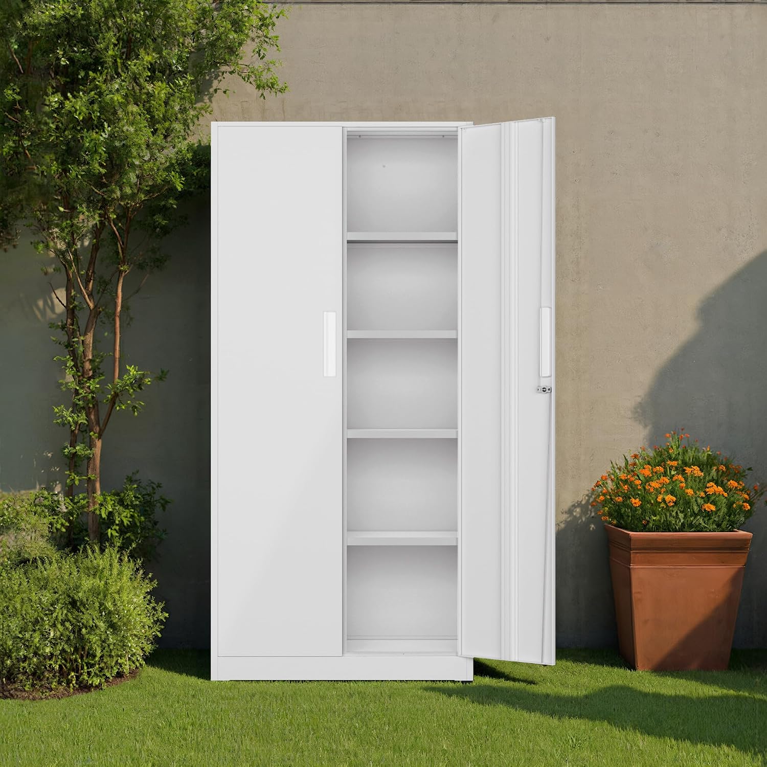 Incbruce 72' H x16 D Patio Metal Storage Cabinet, Outdoor Storage Cabinet with Doors and Adjustable Shelves, Tool Shed for Home, Patio, Office (White)