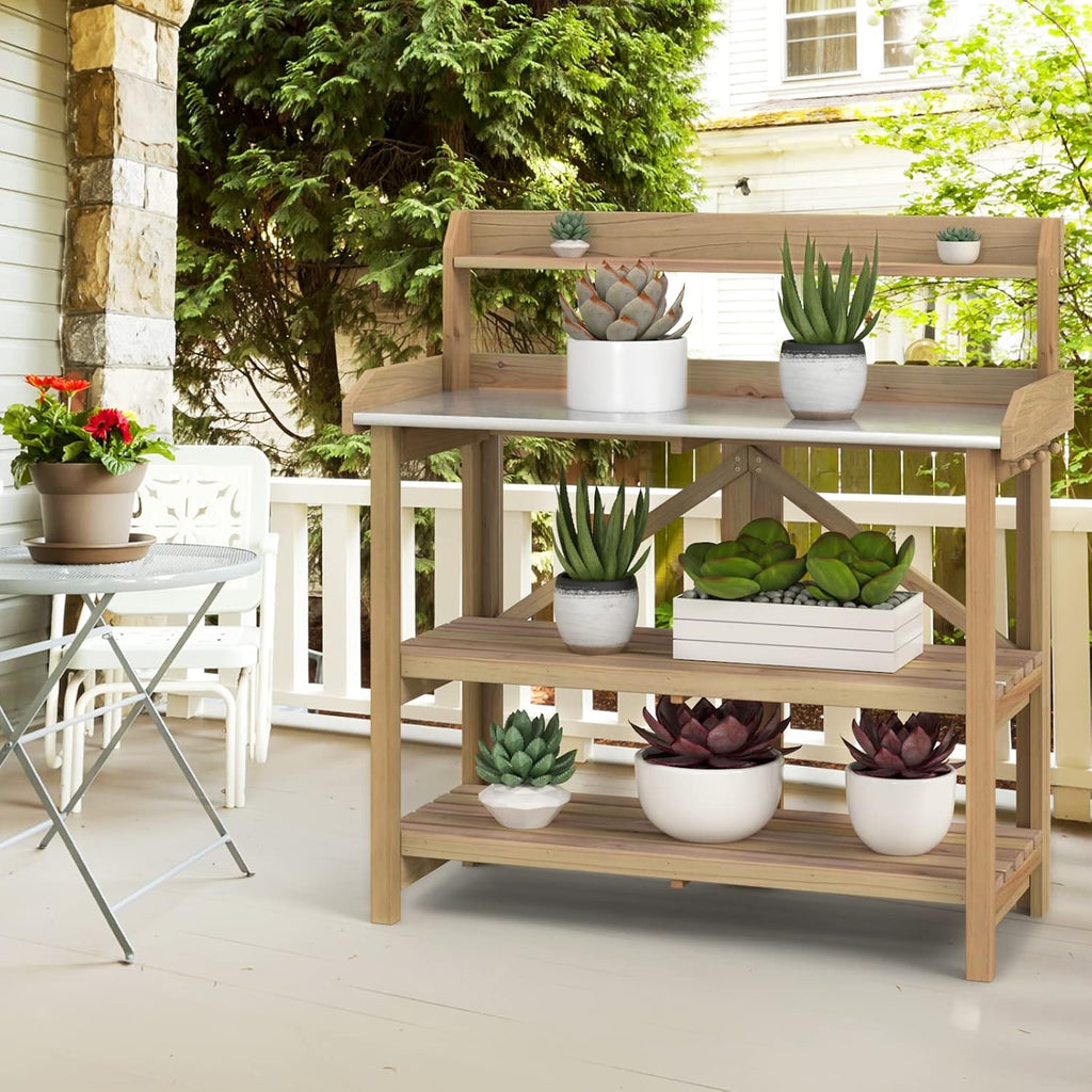 Giantex Garden Potting Bench, Galvanized Steel Top, 6 Hooks, 2 Tier Storage Shelves, Wood Workstation for Indoor Outdoor Gardening Planting Garage Tools, Potted Plant, Worktable 41.5'x19.5'x48'