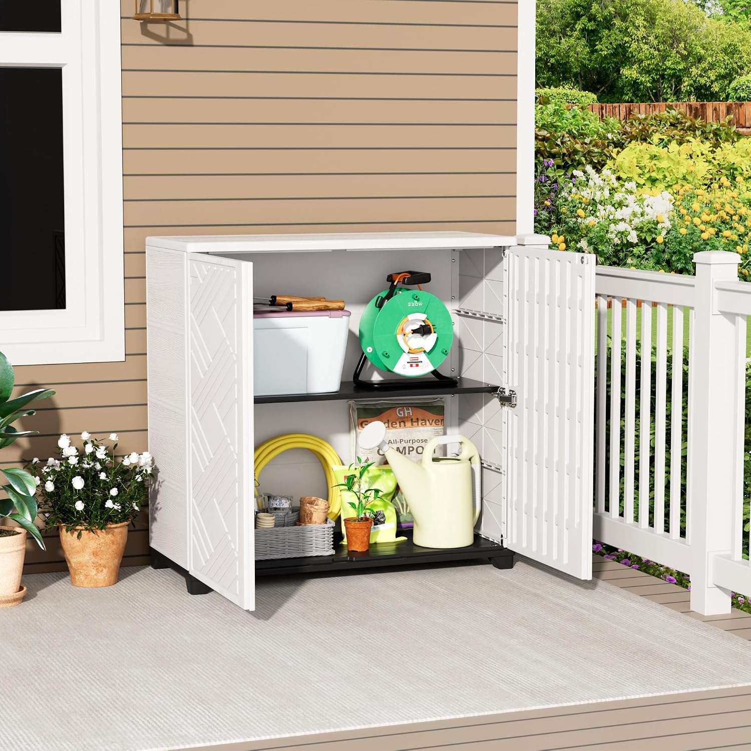 Mrosaa Storage Box Outdoor Caninet,Resin Indoor Storage Box Waterproof,Outdoor Storage Cabinets for Patio/Garden/Backyard(with 1 Shelf)-White