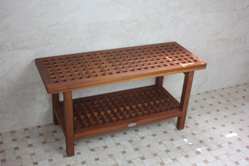 AquaTeak The Original 36' Grate Teak Shower Bench with Shelf Premium Teak Oil