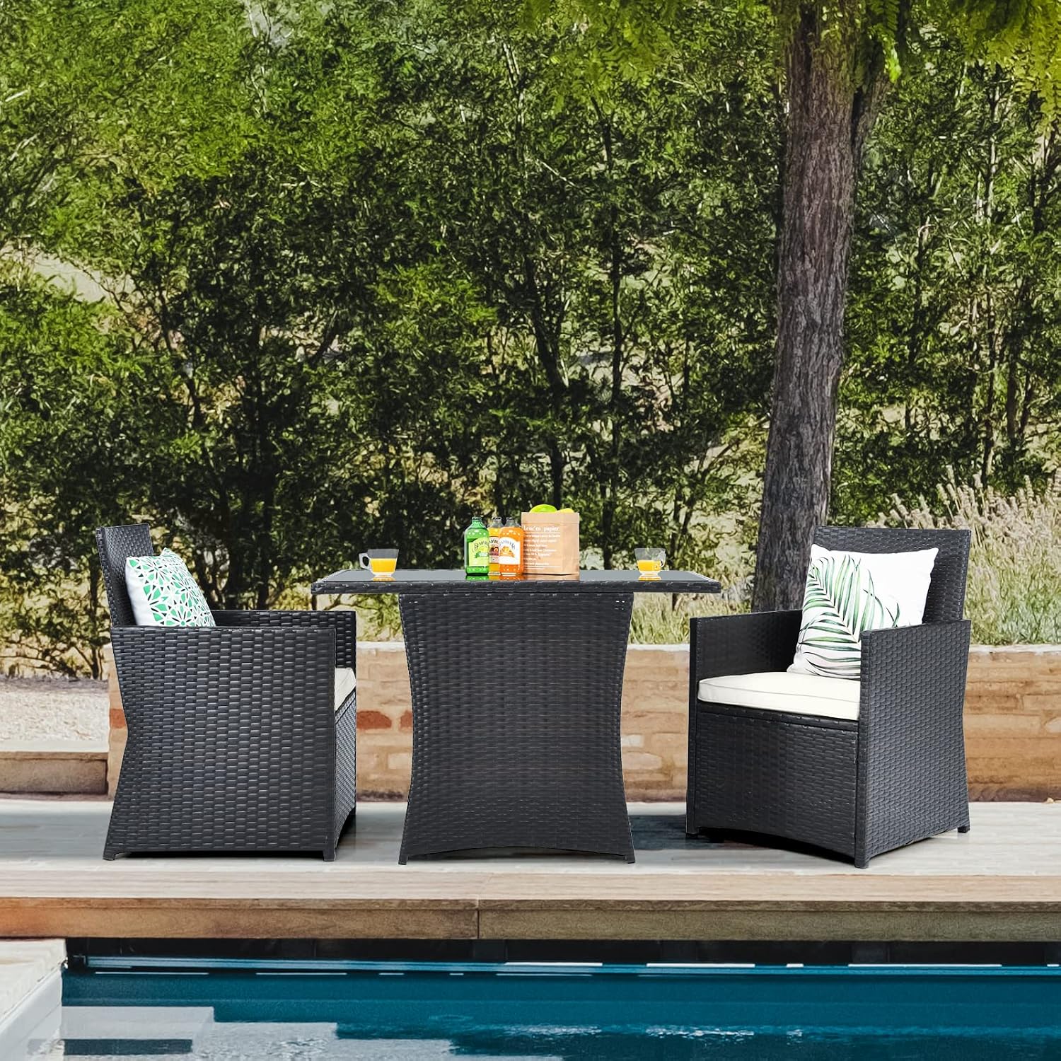 HAPPYGRILL 3 Piece Patio Furniture Set, Outdoor PE Rattan Wicker Bistro Set with Washable Cushions & Tempered Glass Table, for Backyard Porch Garden Balcony Poolside