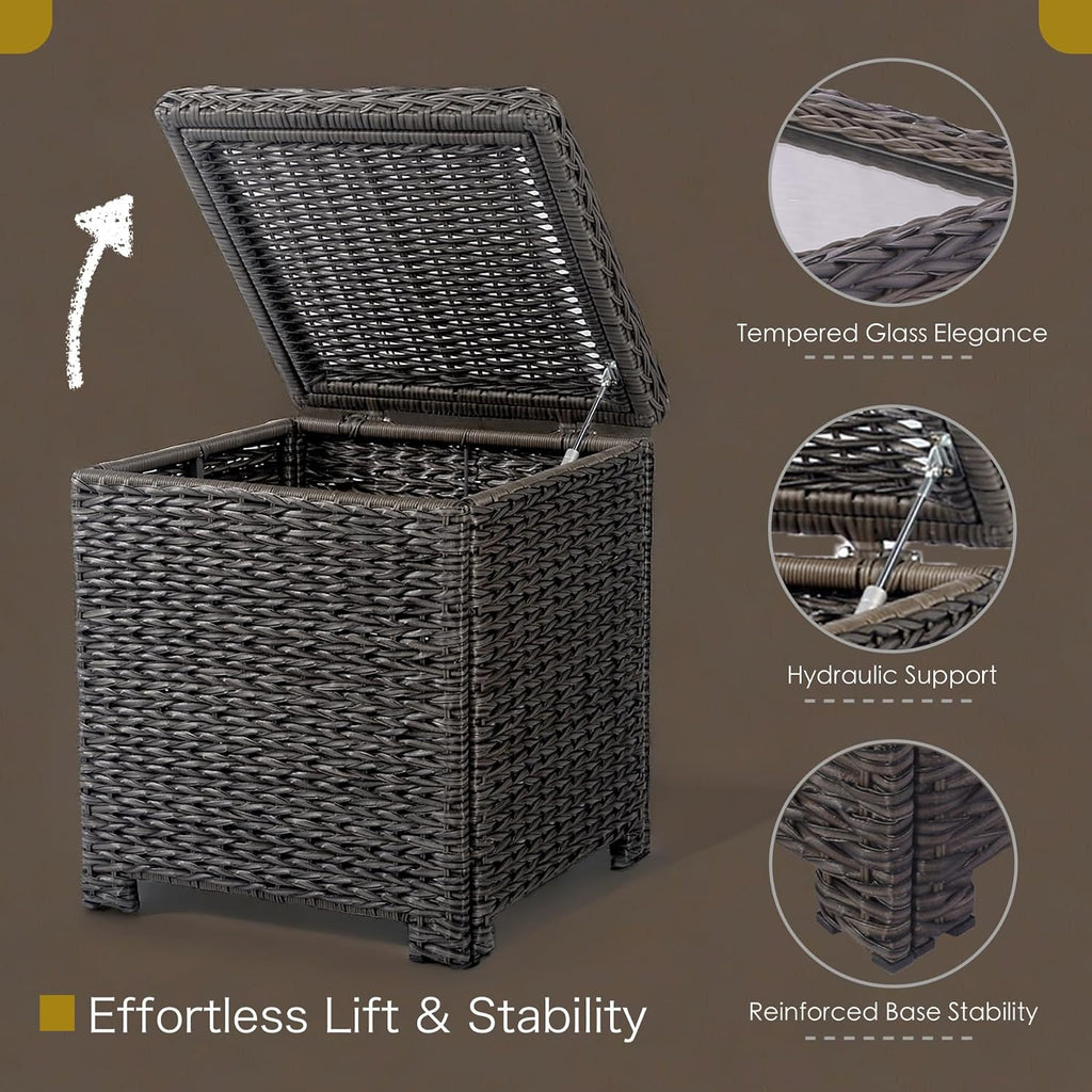 Classic Outdoor Storage Side Table, Weather-Resistant HDPE Rattan Wicker Patio Coffee Table w/Tempered Glass Flip Top for Porch Pool, Dark Brown