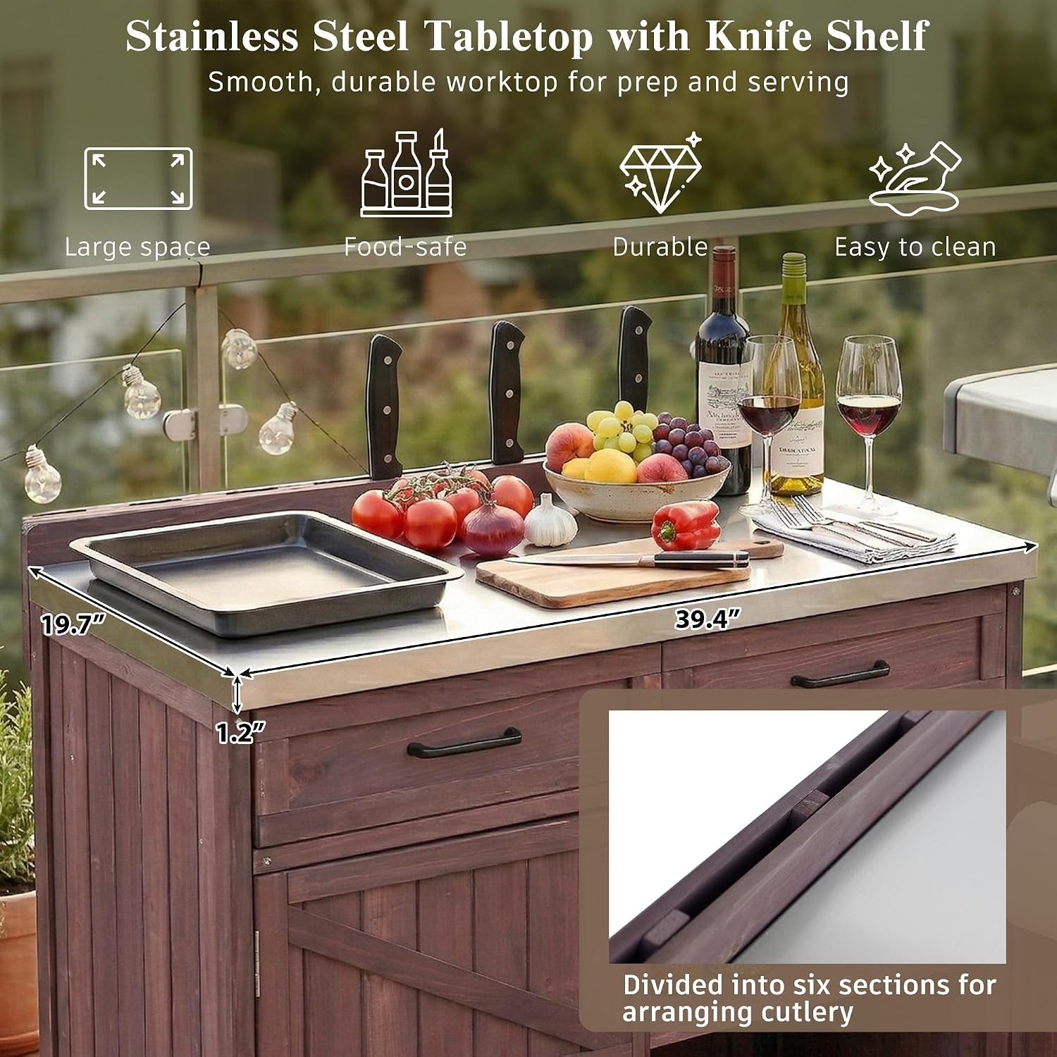 LUMISOL Outdoor Grill Cart with Stainless Steel Top, Outdoor Rolling Kitchen Island with Drawer & Adjustable Shelves, 39.4' Farmhouse Kitchen Cart with Internal Storage Racks & 4 Wheels, Dark Brown