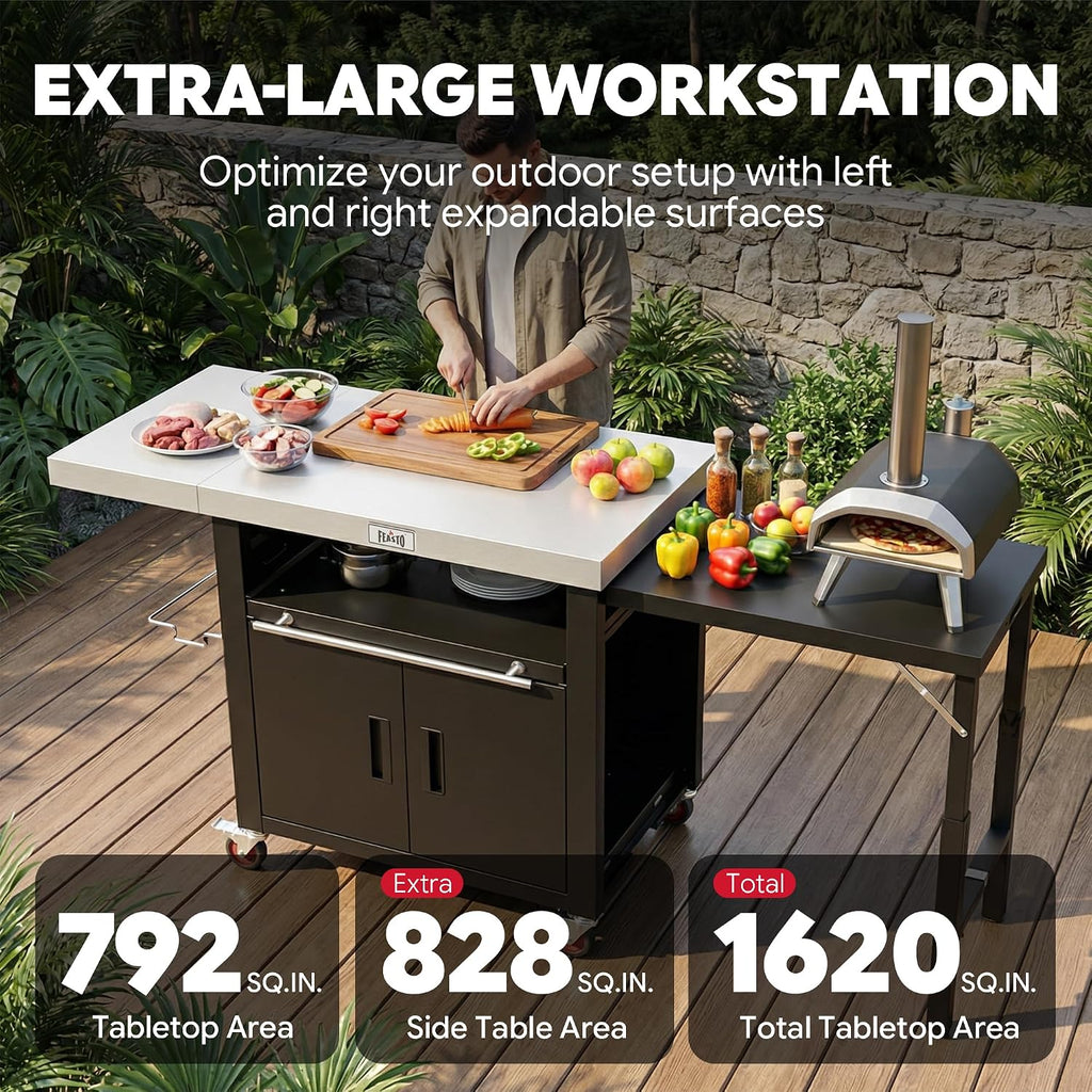 Outdoor Kitchen Island with Cabinet, Outdoor Grill Table with Stainless Steel Top for Pizza Oven& Griddles, Movable Bar Cart with Pull-Out Plate for Parties& Gathering, Heavy-Duty, L74'x W24'