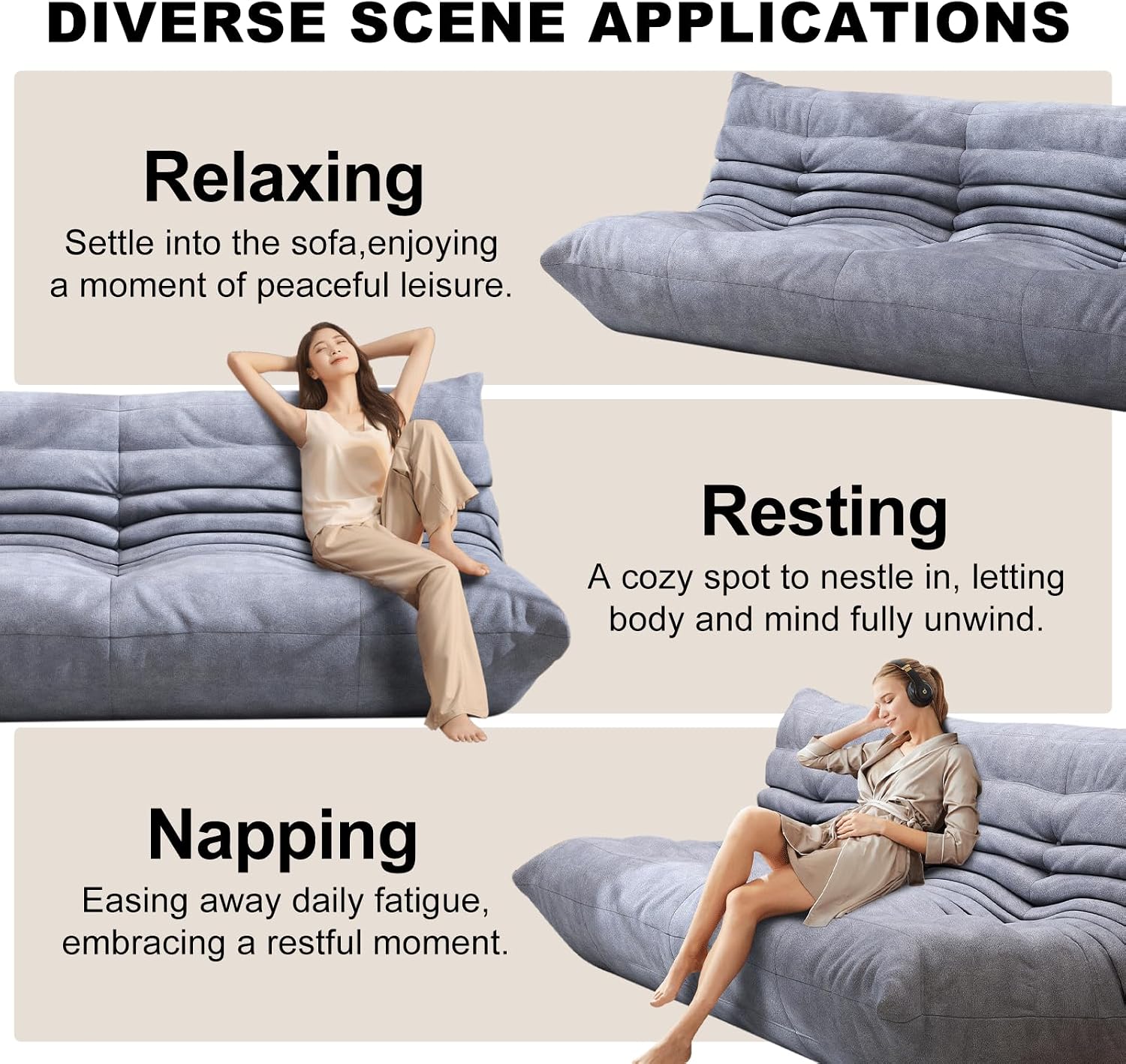 Full Foam Three Seater Sofa – Bean Bag Chairs Floor Couch for Adults, Waterproof Upholstery, Armless Fireside Lounge Chair for Living Room, Apartment, or Office (Grey)