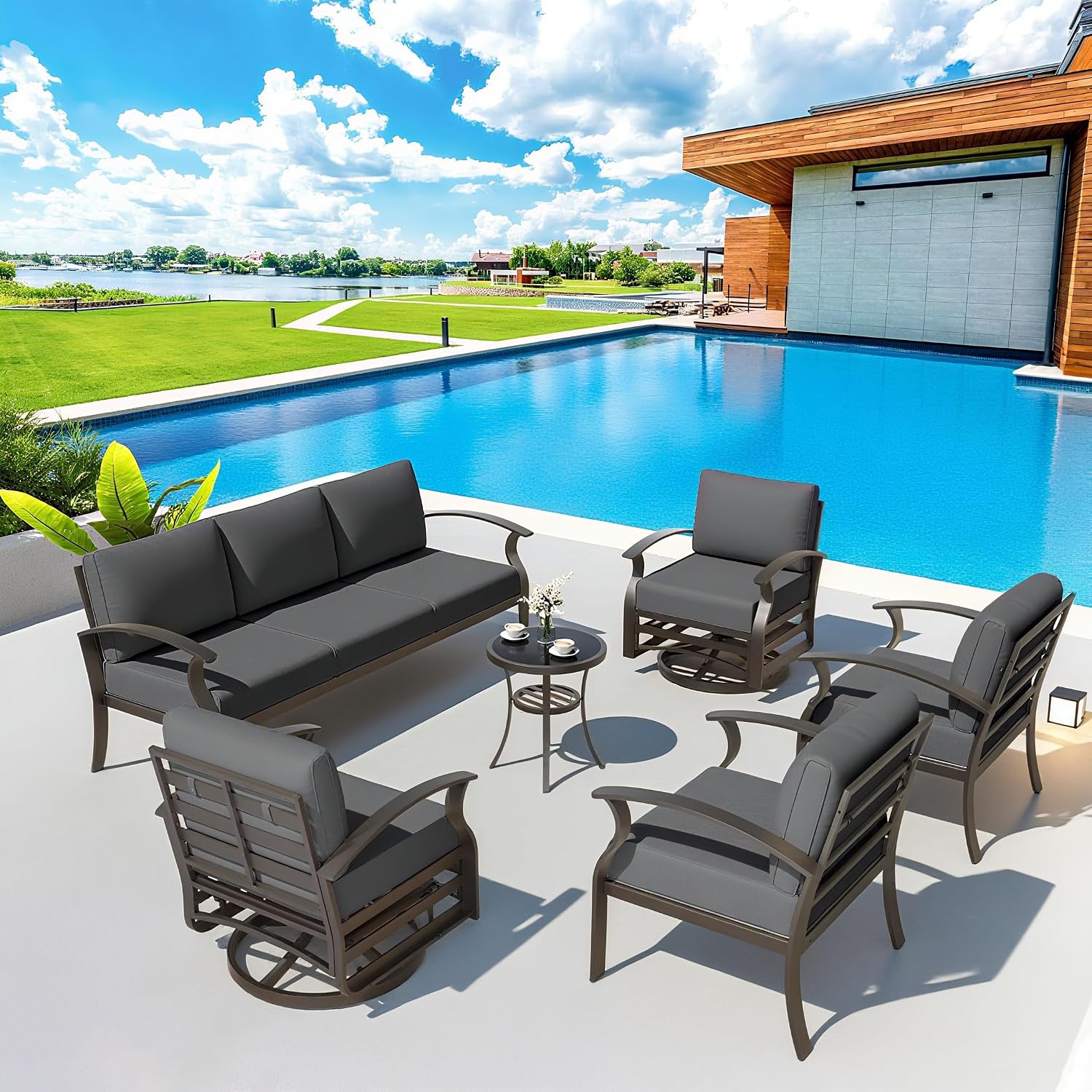 Aluminum Patio Furniture Set Patio Conversation Set,7 Seats Metal Modern Outdoor Furniture w/5.1' Cushions,Patio Sectional w/Swivel Chairs for Patio,Backyard,Grey