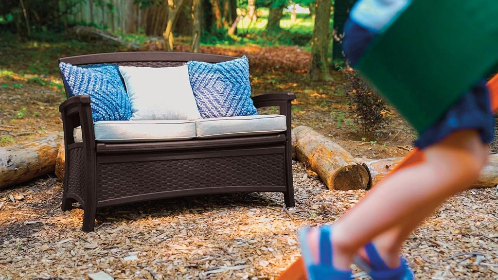 Suncast Outdoor Wicker Love Seat with 23-Gallon Storage, Comfortable Seating for Two, Ergonomic Back Support, All-Weather Furniture for Patio, Deck, and Garden, Java, Made in The USA