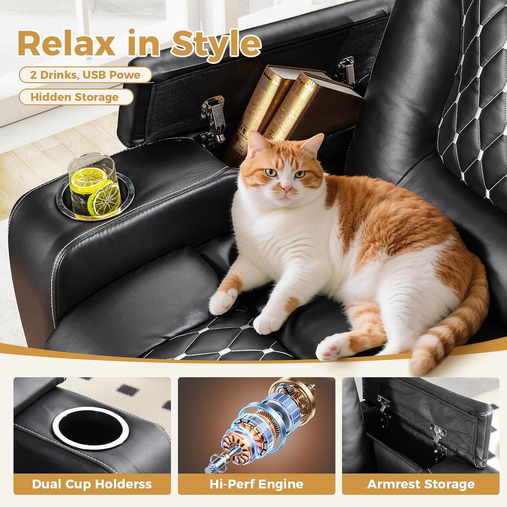 ANJ Power Recliner Chair with USB Ports and Cup Holders - Overstuffed Electric Home Theater Seating PU Leather Reclining Furniture with Hidden Arm Storage, Easy to Clean (Black)