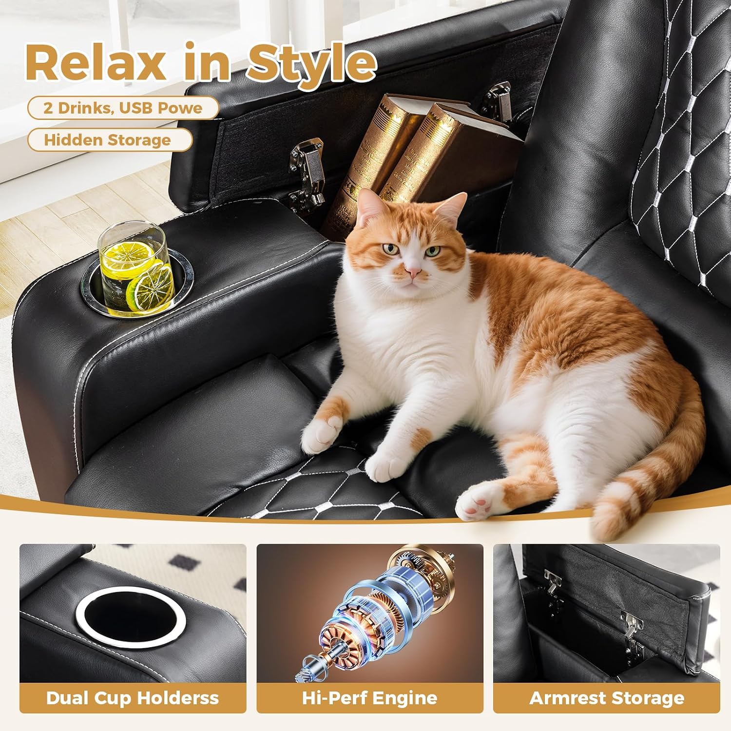 ANJ Power Recliner Chair Set of 3, Electric Soft Faux Leather Reclining Home Faux Theater Seating - USB Ports, Cup Holders, Hidden Arm Storage Movie & Media Room Chairs (Black)