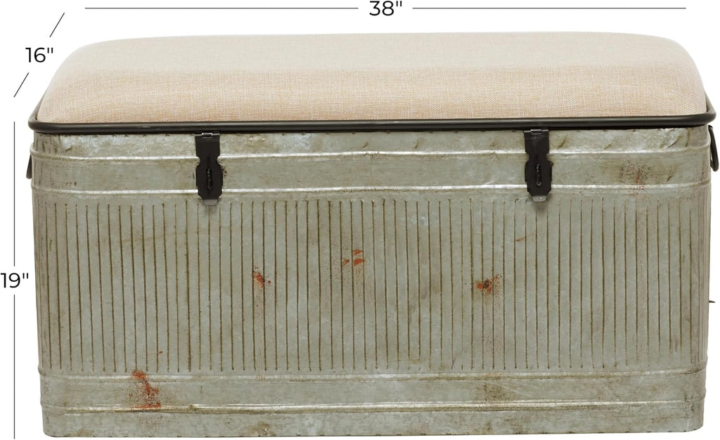 Deco 79 Metal Room Storage Bench Galvanized Entryway Bench with Cream Burlap Top and Black Latches, Bench 38' x 16' x 19', Gray