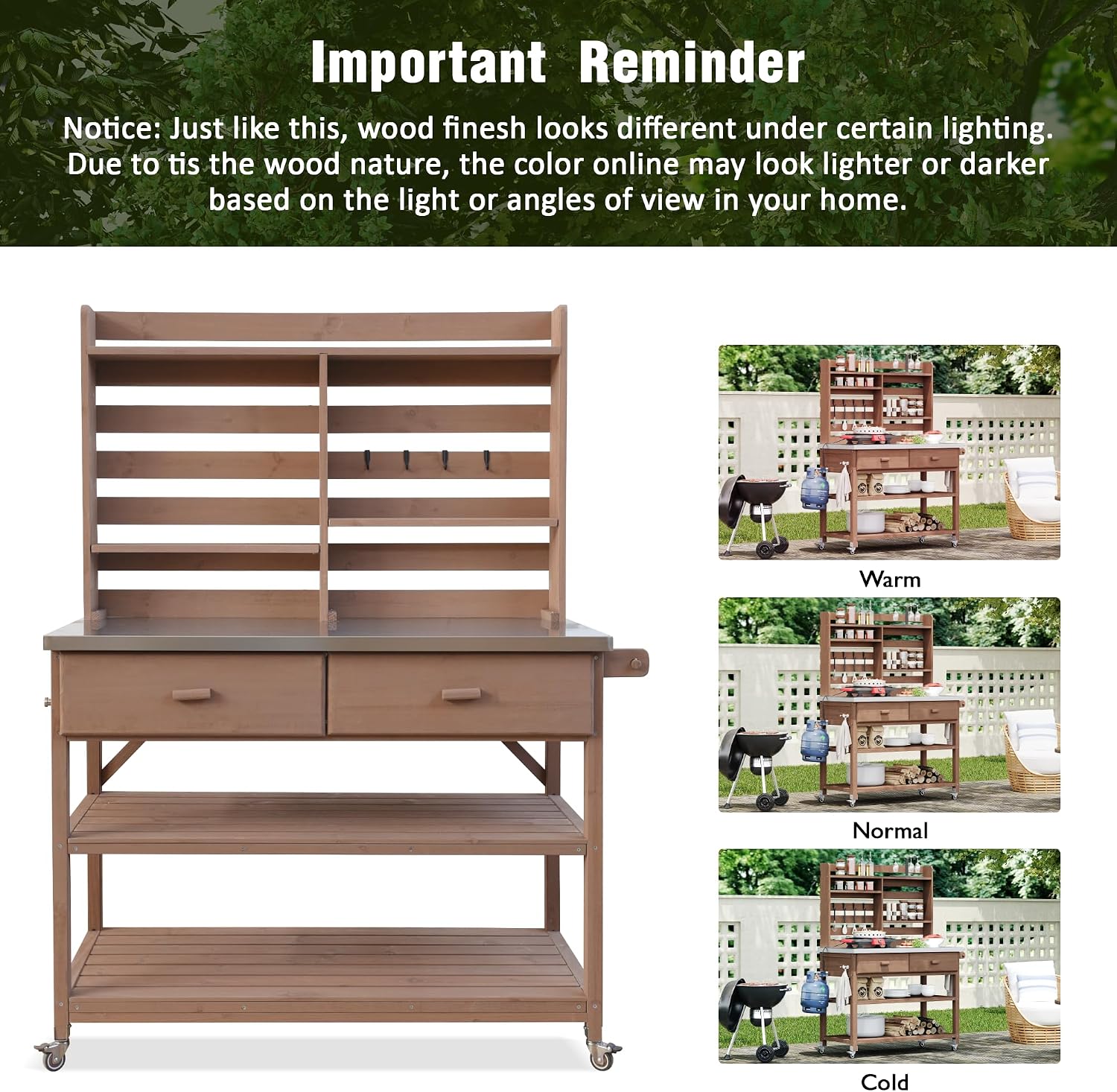 64.9' H Outdoor Potting Bench Table with Lockable Wheels, Solid Wood Outdoor Kitchen Island with Upper Hutch, Stainless Steel Top,Outdoor Storage for Grilling, Lawn Garden (Brown/F, 64.9')