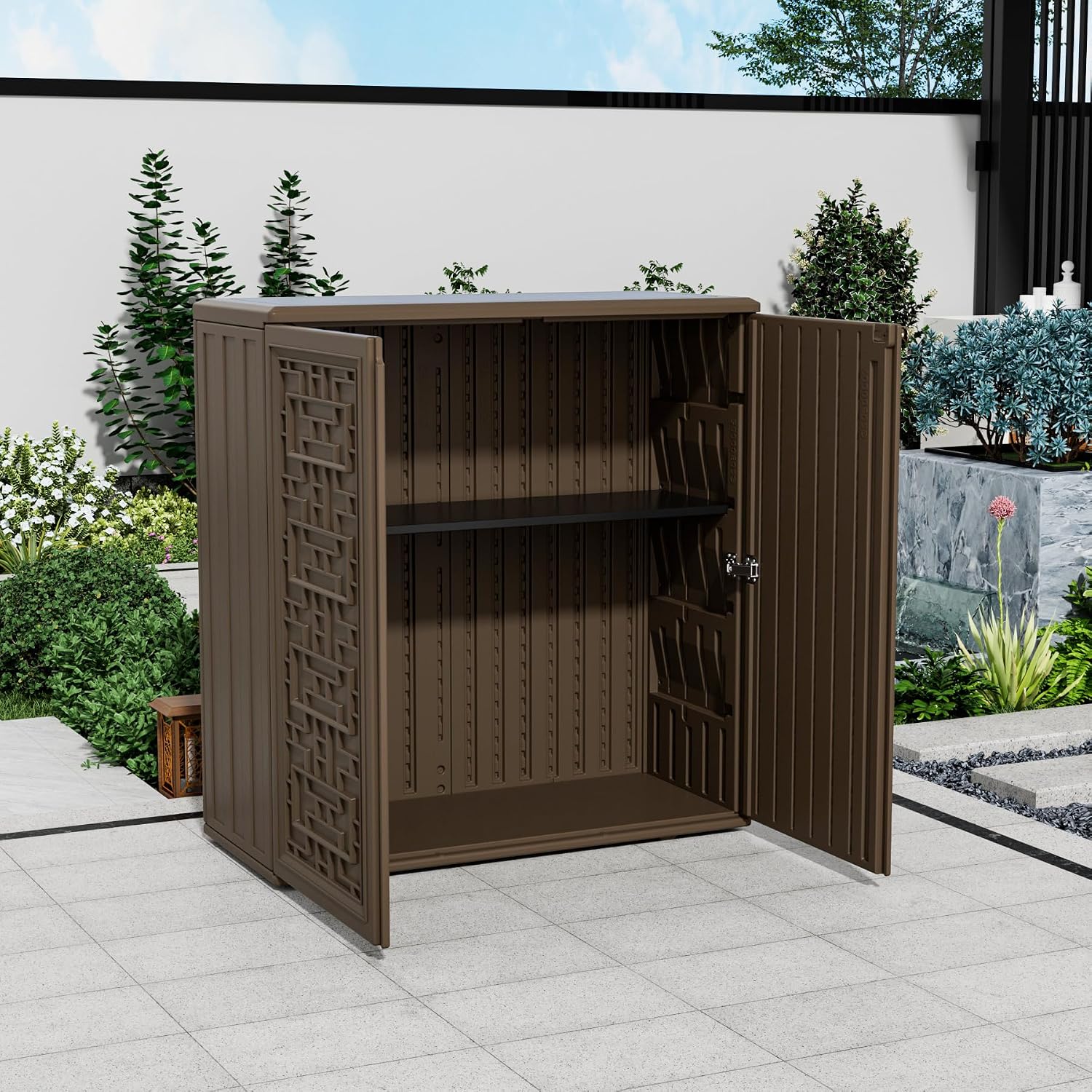 Mrosaa Storage Box Outdoor Caninet,Resin Indoor Storage Box Waterproof Outdoor Storage Cabinets for Patio/Garden/Backyard, Size 34.3''L*15''W*36.2''H(Brown)