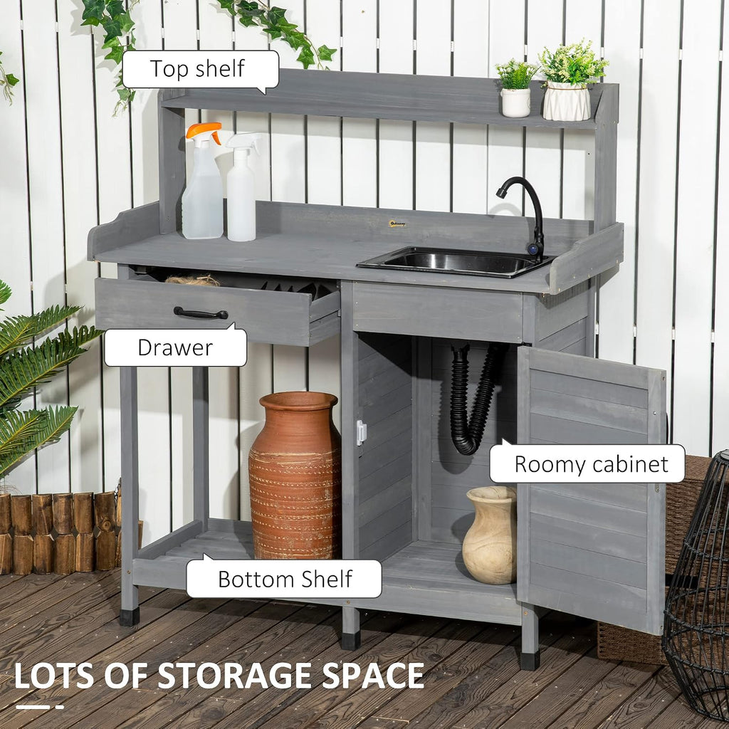 Outsunny Potting Bench Table with Removable Sink, Outdoor Work Bench Table with Storage Cabinet, Hooks, Faucet and Drawer for Greenhouse, Garden, Patio, Gray