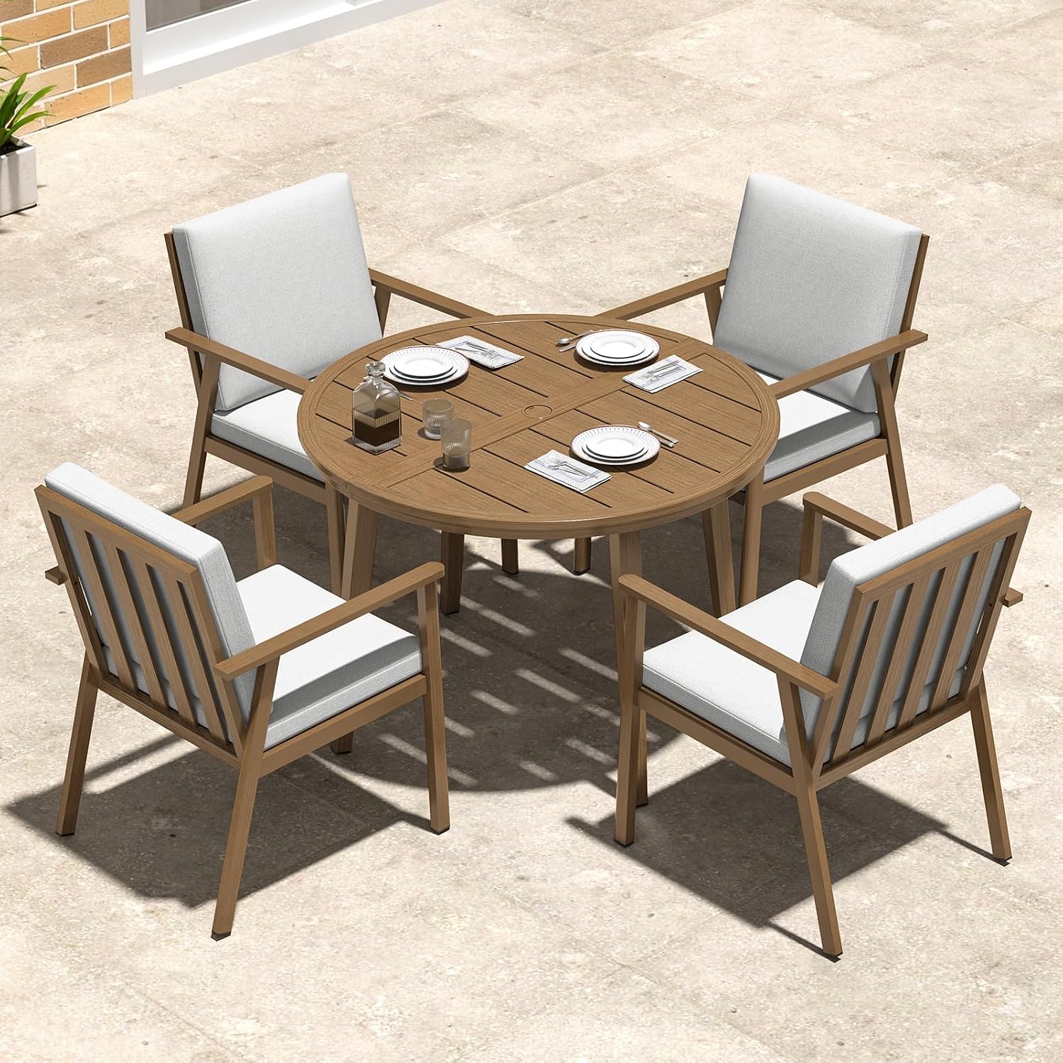 5-Piece Outdoor Patio Dining Set, Aluminum Round Dining Table with 4 Dining Chairs, Never-Rust Round Outdoor Dining Set, Patio Dining Table Set for Yard, Deck, Garden, Teak