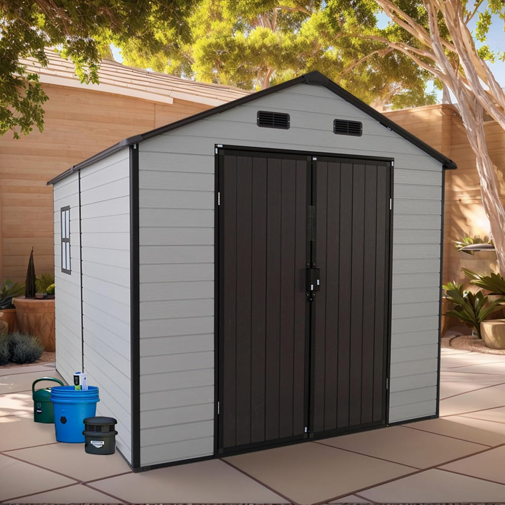 YOPTO 8x8x7.6FT Outdoor Resin Storage Shed with Windows and 4 Vents,Waterproof Strong Aluminum Frame w/Lockable Design & Door,Tool House for Storing Bicycles,Lawnmowers,Barbeques,White+Brown