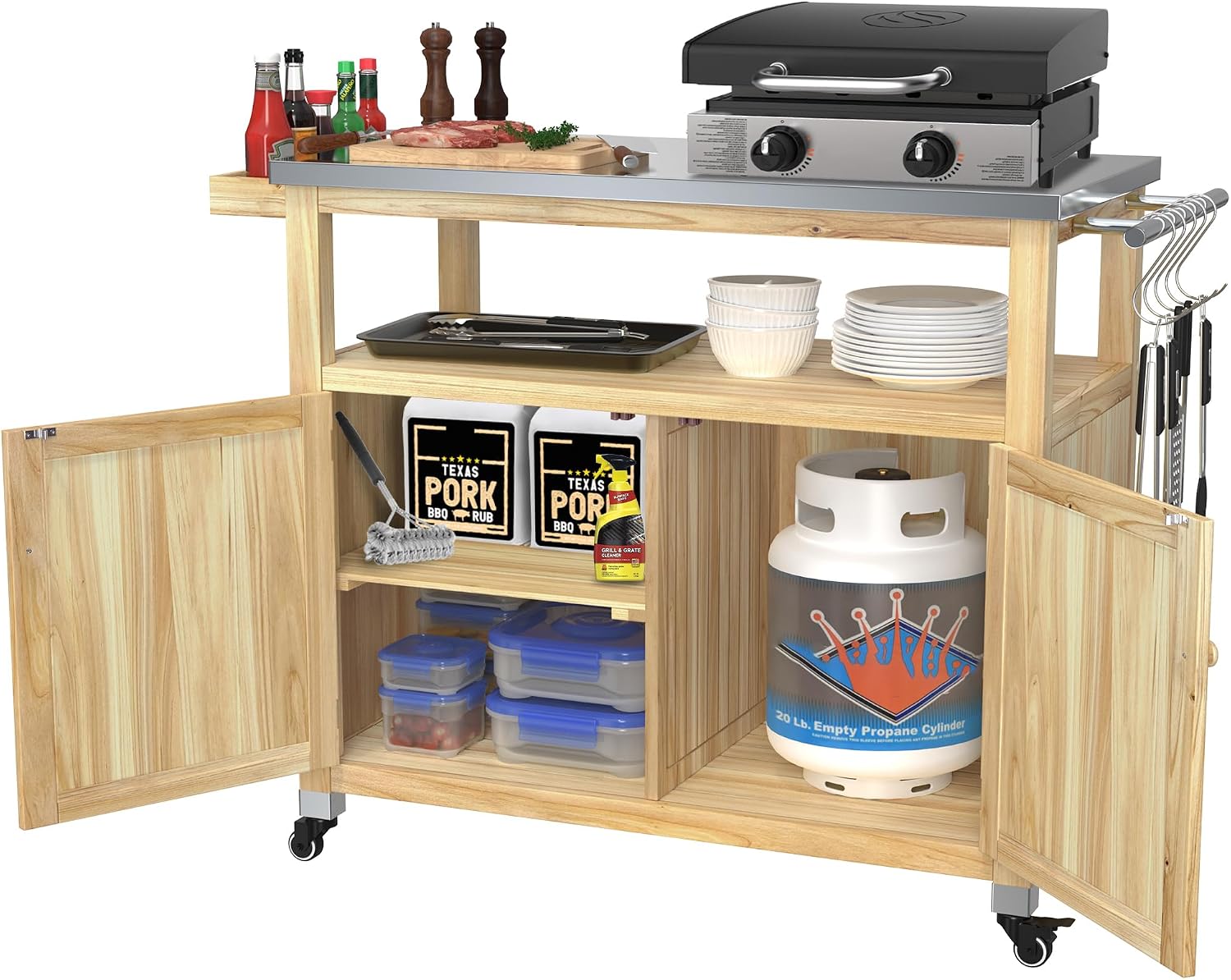 GDLF Outdoor Storage Cabinet Wood Outdoor Kitchen Prep Grill Table with Stainless Steel Top Waterproof Cover (Natural Wood Color)