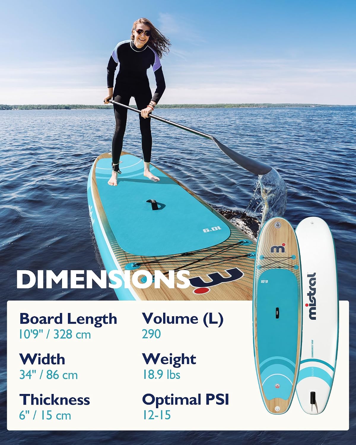 Mistral Stand Up Paddle Board, 10'9''x34''x6'' Inflatable SUP Yoga & Pilates Boards, Extra Wide Paddle Board with SUP Accessories, Stable and Lightweight Board for All Skill Levels