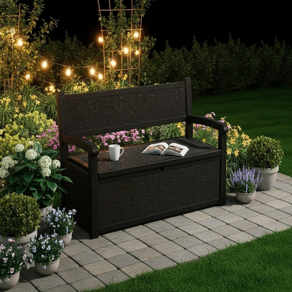 80 Gallon Outdoor Storage Bench, Waterproof Patio Deck Box with Lockable Lid for Garden & Porch, All-Weather Resin Furniture for Cushions, Tools, Pool Accessories