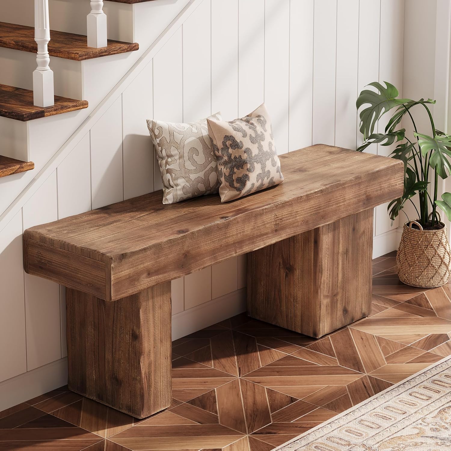 Solid Wood Bench, 47' Farmhouse Entryway Bench with Thickened Seat & Artistic Legs, Heavy Duty Indoor Bench for Bedroom, Hallway, Living Room, Indoor, Porch, Natural