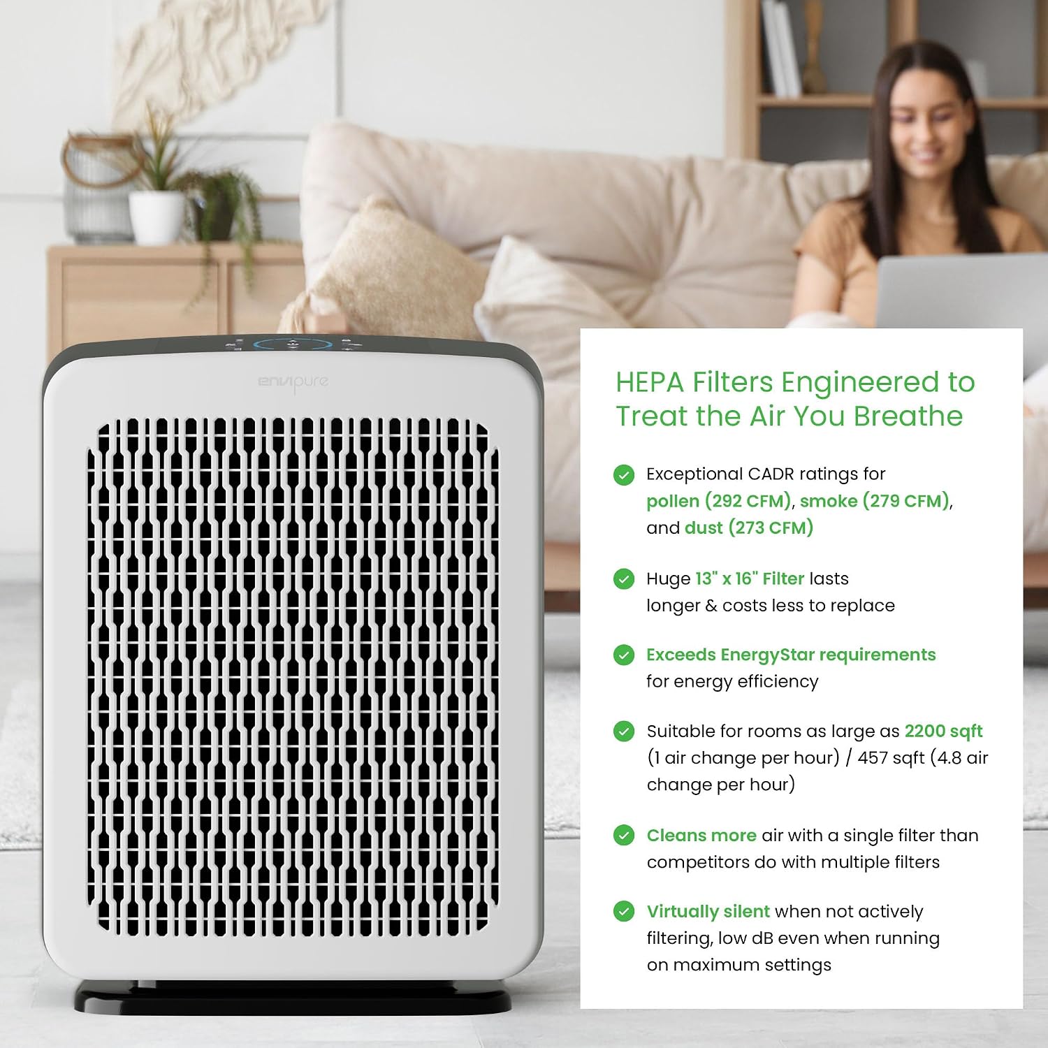 EP-300 EnviPure HEPA Air Purifier – Large Room Air Purifier Covers Up to 2200 Sq Ft, Removes Pollen, Dust, Smoke, Pet Hair, Odors & More - Real Time Smart TrueFilter IQ™ HEPA Filter Life Monitoring