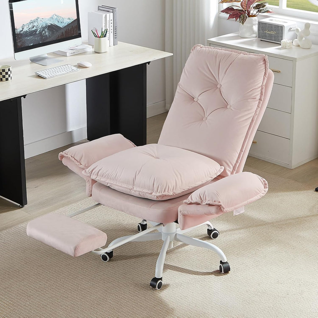 Bestier Criss Cross Office Chair with Flip-Up Armrests, High Back Executive Chair with Footrest & Wheels, Cross Legged Desk Chair for Home Office, Pink Velvet