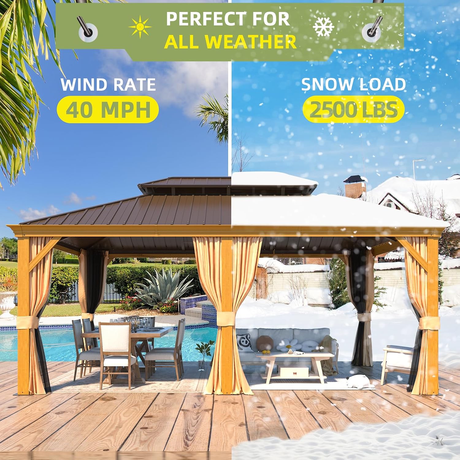 MELLCOM 12'x18' Hardtop Gazebo, Wood Grain Aluminum Frame with Galvanized Steel Double Roof and Water Gutter, Outdoor Permanent Metal Pavilion with Curtains and Nettings for Patios, Gardens and Lawns