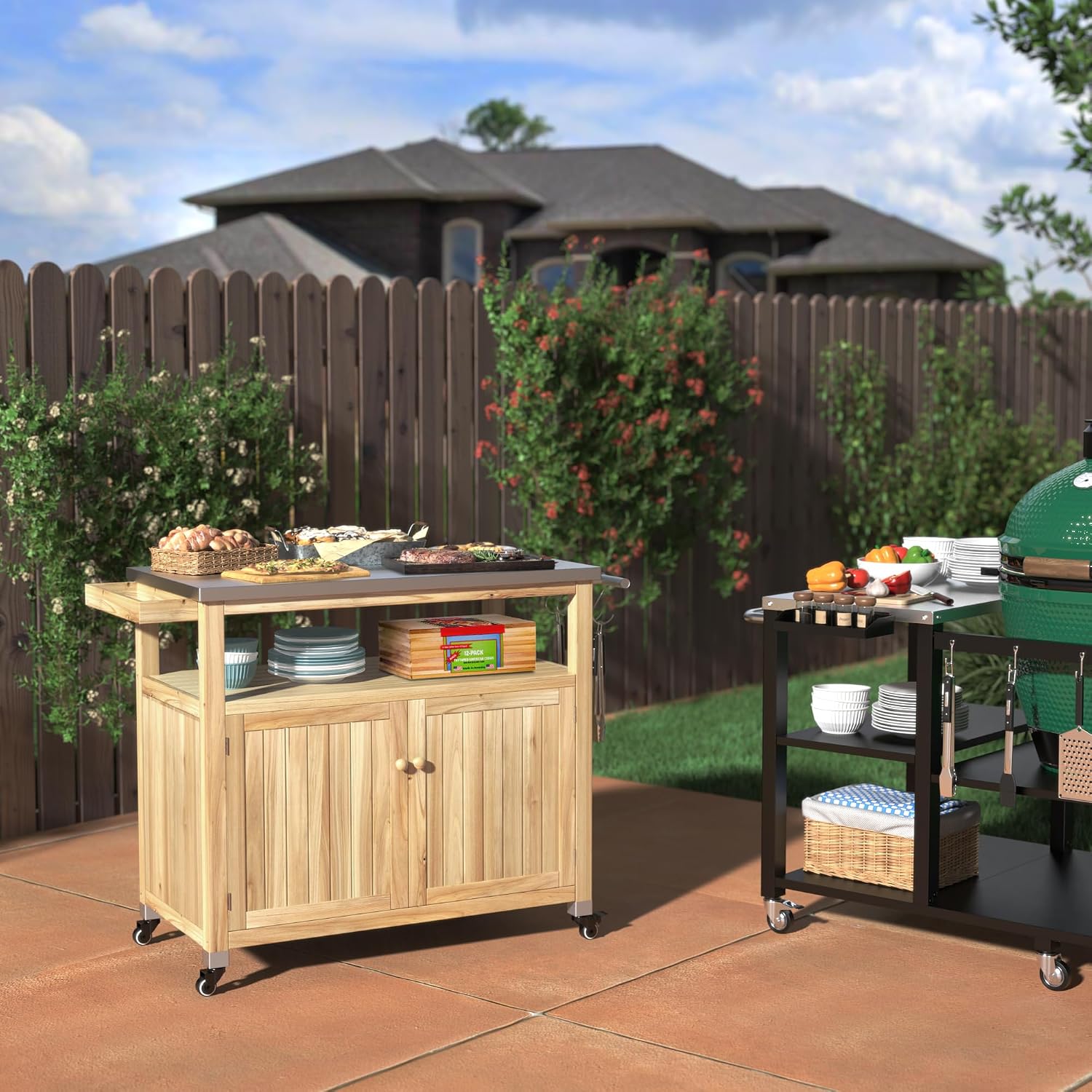 GDLF Outdoor Storage Cabinet Wood Outdoor Kitchen Prep Grill Table with Stainless Steel Top Waterproof Cover (Natural Wood Color)