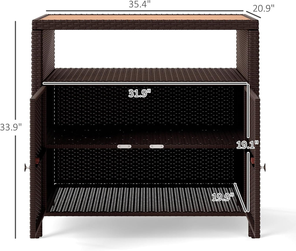 Outsunny Wicker Outdoor Storage Cabinet, Rattan Bar Table with Acacia Wood Countertop, 2 Doors and Shelf, Buffet Cabinet Sideboard for Poolside, Garden, Patio, Backyard, Brown