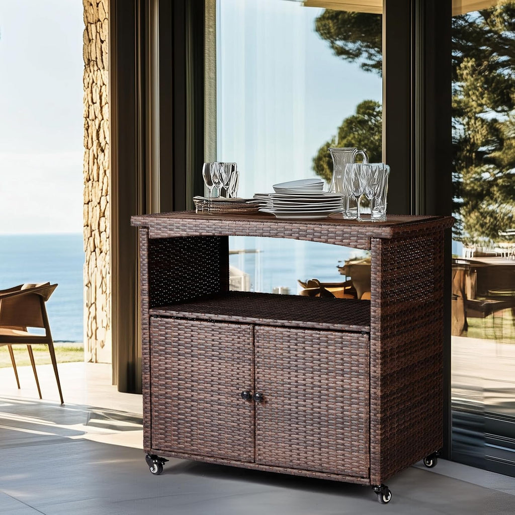 VINGLI Outdoor Storage Cabinet with Wheels, Waterproof Woven Rattan with Double Magnetic Doors, Mobile Multi-Purpose Cabinet for Storage, Buffet Server, Bar Table, Potting Bench (Wood Top)