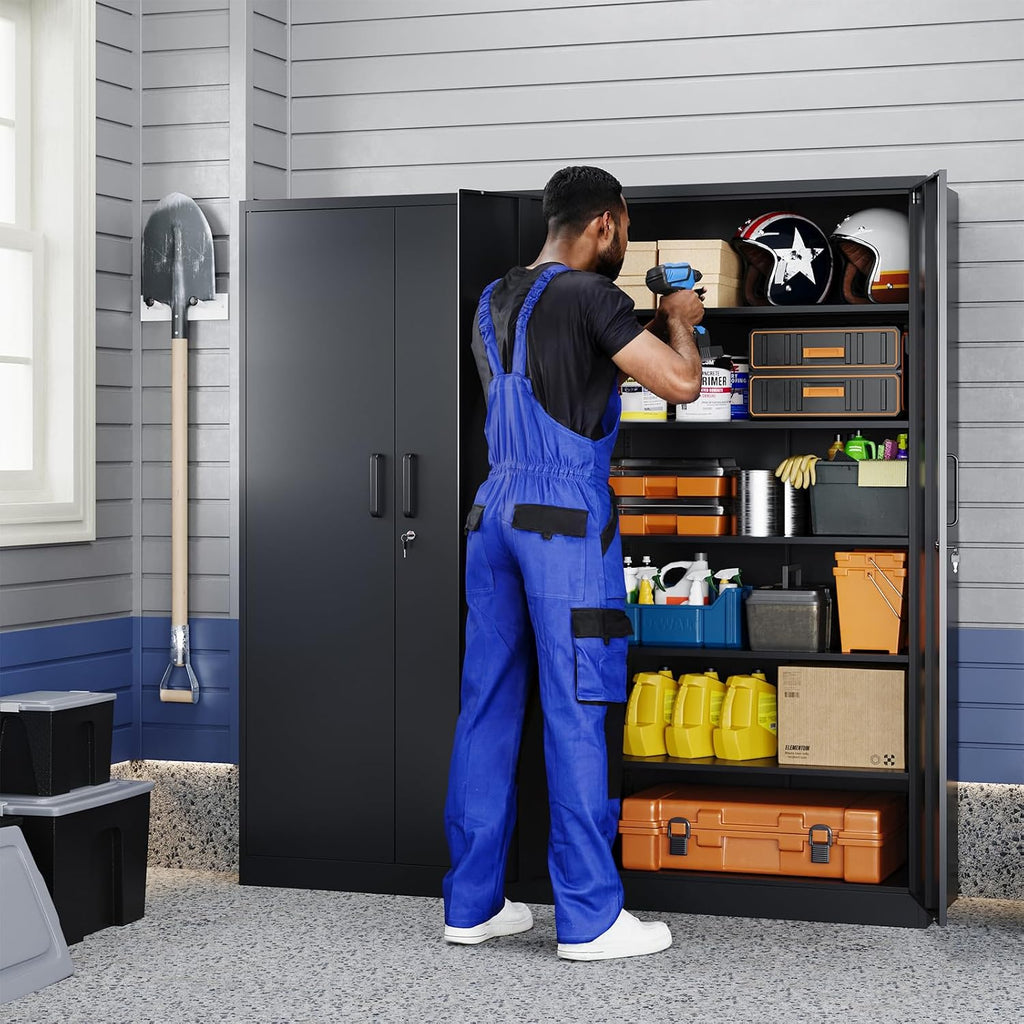Yizosh Metal Garage Storage Cabinet with 2 Doors and 5 Adjustable Shelves - 71' Steel Lockable File Cabinet,Locking Tool Cabinets for Office,Home,Garage,Gym,School (Black)