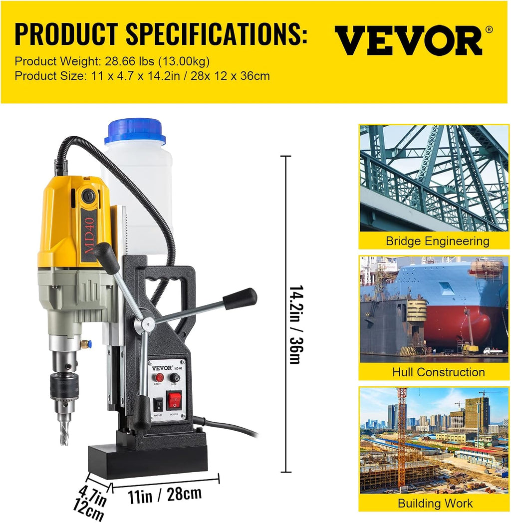 VEVOR Magnetic Drill, 1100W 1.57' Boring Diameter, 2697lbf/12000N Portable Electric Mag Drill Press with 7 Bits, 580 RPM Max Speed Drilling Machine for any Surface and Home Improvement