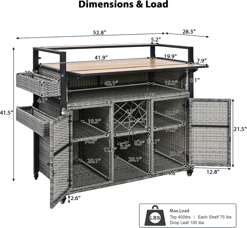 Merax 52.8' W Wicker Outdoor Grill Cart with Extended Plastic Wood Table Top, Rolling Kitchen Island on Wheels with Storage Cabinet, for Patio Backyard Garden Poolside, Double Handle Design, Grey
